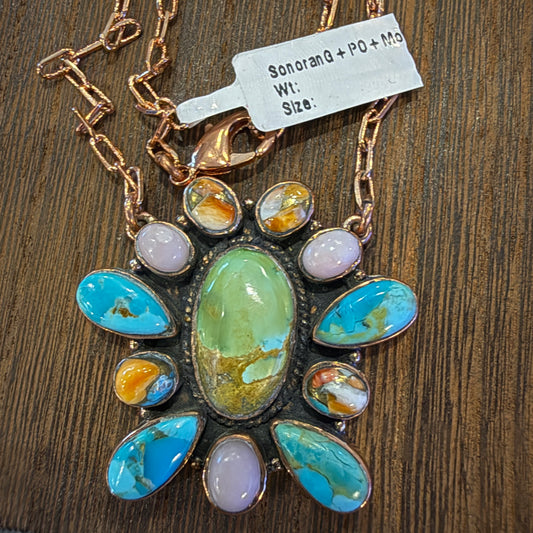 Sonoran and Mohave Turquoise Gemstone Cluster Necklace in Genuine Copper 18 Inch Paper Clip Chain Silver Elegant