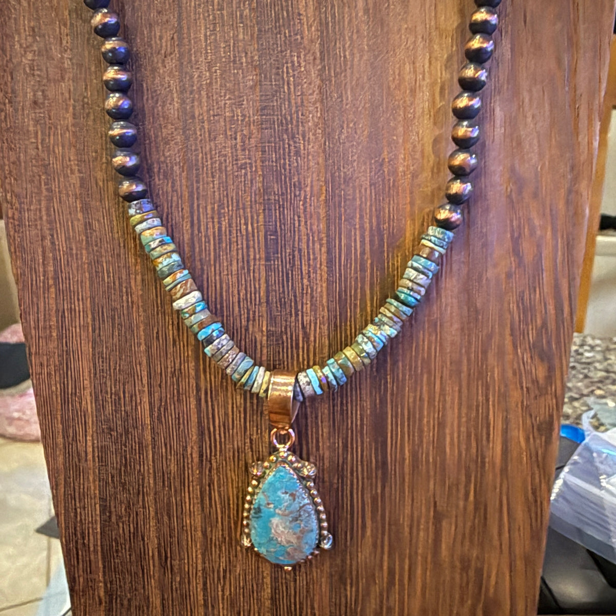 Royston Turquoise Gemstone Stacker Stone Pendant Necklace 6mm Genuine Copper Desert Pearls 20 Inch Silver Elegant