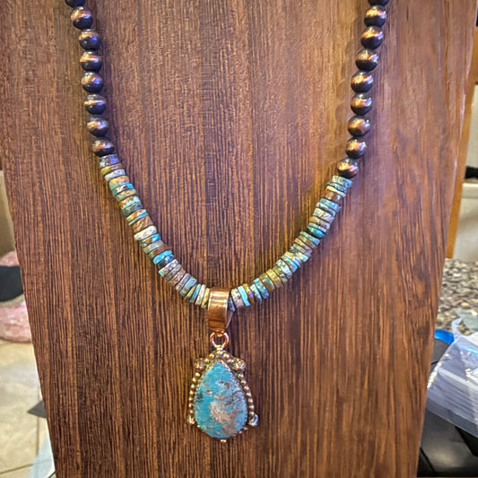 Royston Turquoise Gemstone Stacker Stone Pendant Necklace 6mm Genuine Copper Desert Pearls 20 Inch Silver Elegant