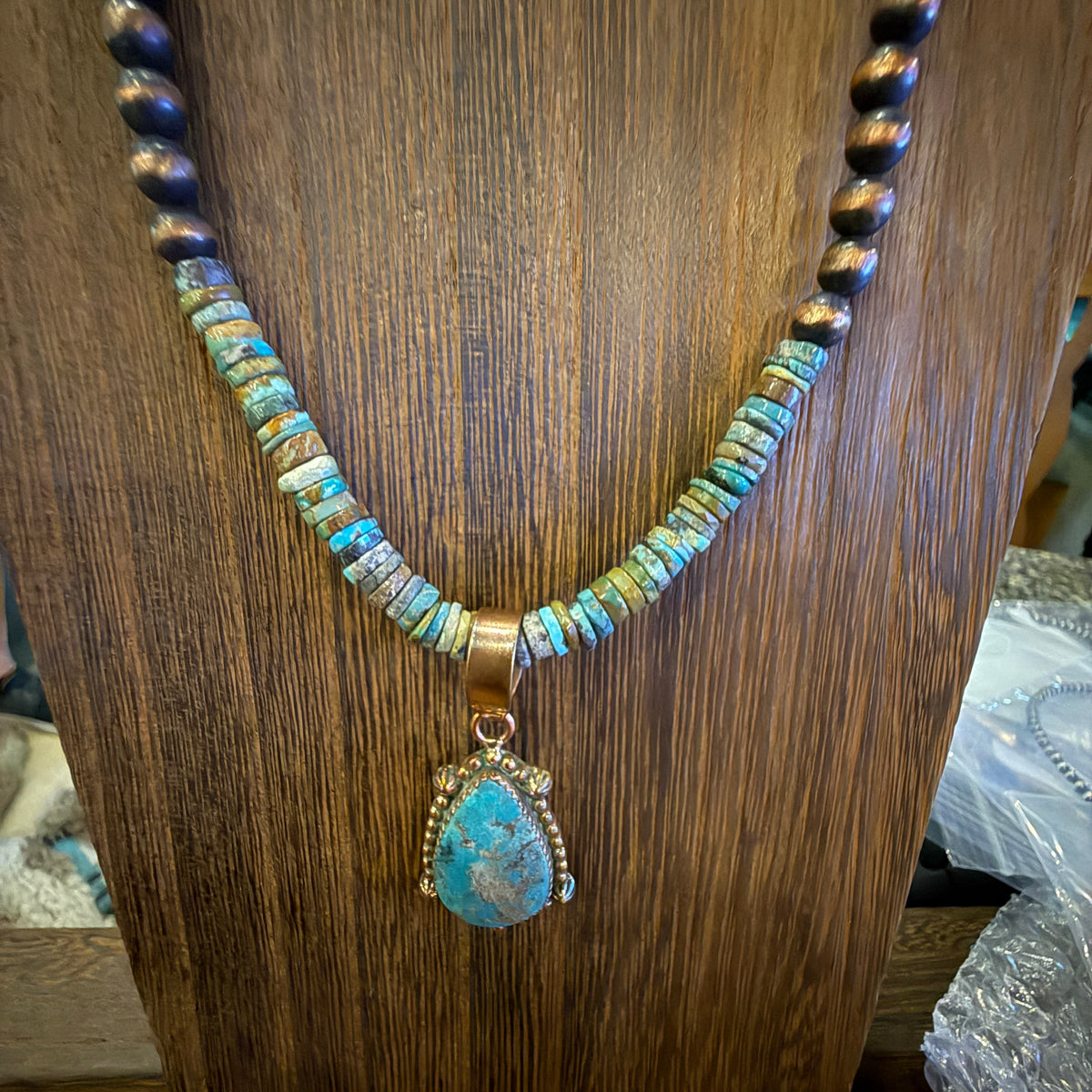 Royston Turquoise Gemstone Stacker Stone Pendant Necklace 6mm Genuine Copper Desert Pearls 20 Inch Silver Elegant