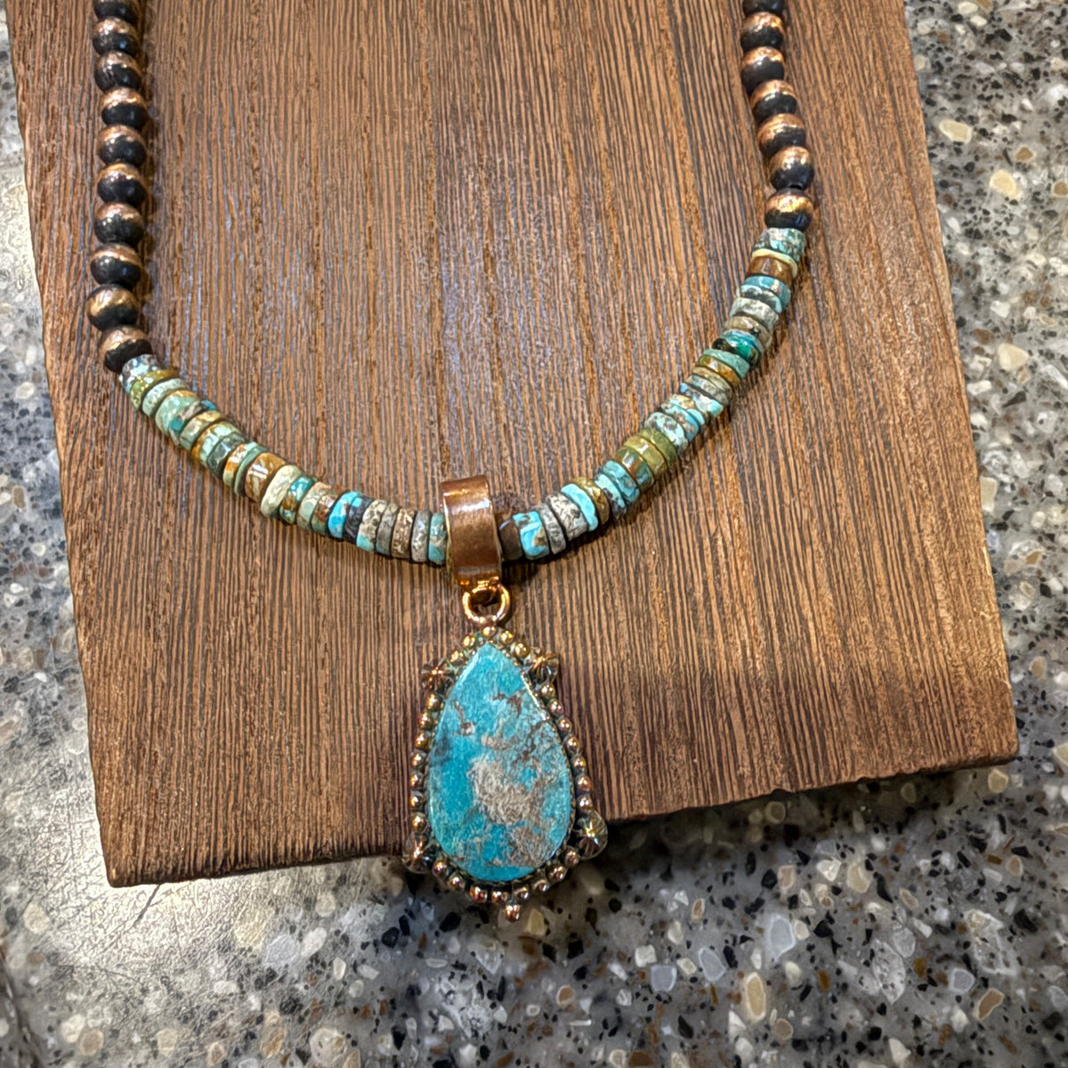 Royston Turquoise Gemstone Stacker Stone Pendant Necklace 6mm Genuine Copper Desert Pearls 20 Inch Silver Elegant