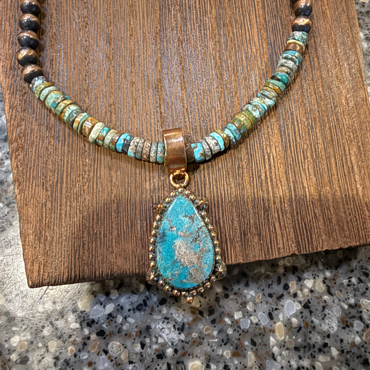 Royston Turquoise Gemstone Stacker Stone Pendant Necklace 6mm Genuine Copper Desert Pearls 20 Inch Silver Elegant