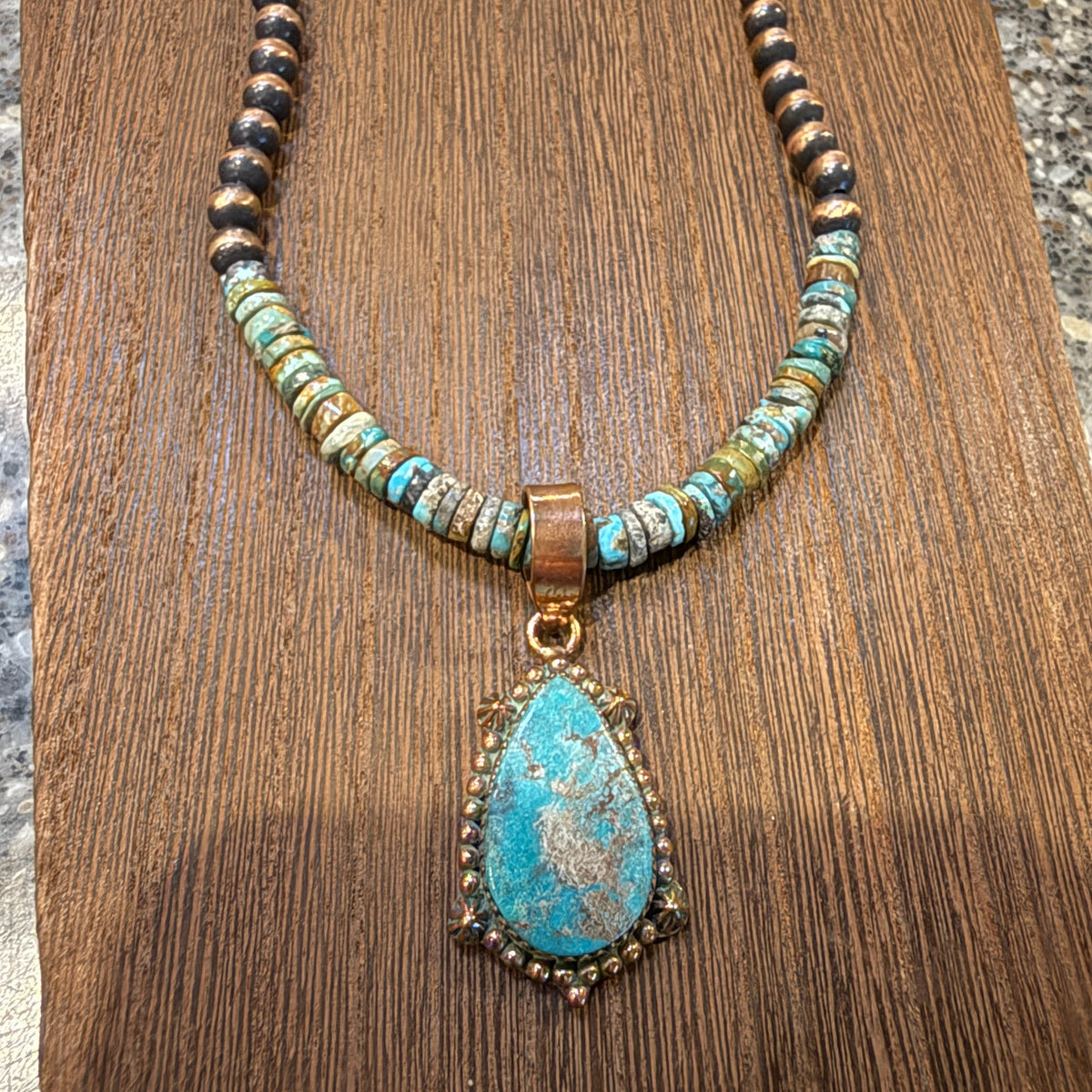 Royston Turquoise Gemstone Stacker Stone Pendant Necklace 6mm Genuine Copper Desert Pearls 20 Inch Silver Elegant
