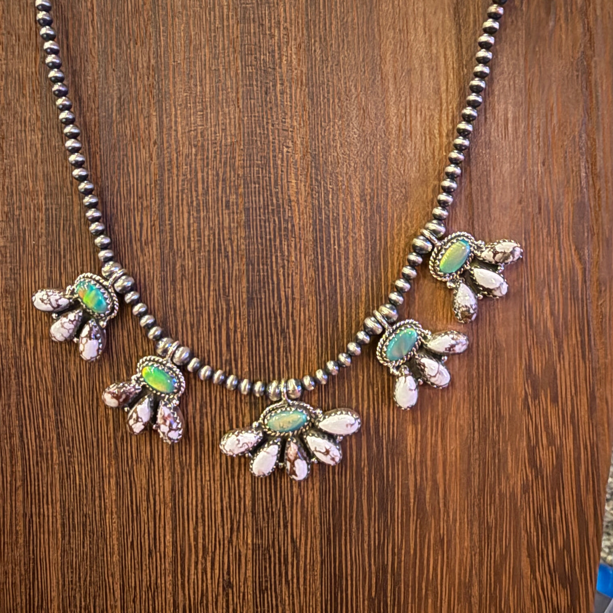 Aurora Opal and Wild Horse Dahlia Choker Necklace in Sterling Silver 3mm Desert Pearls 16 Inch Silver Elegant