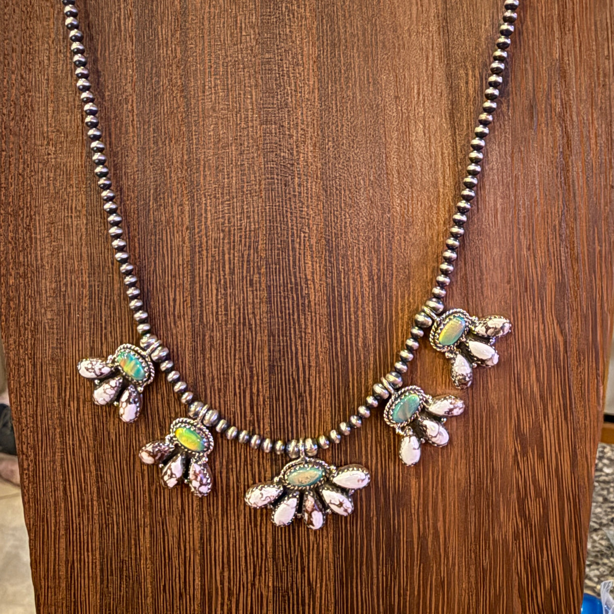 Aurora Opal and Wild Horse Dahlia Choker Necklace in Sterling Silver 3mm Desert Pearls 16 Inch Silver Elegant