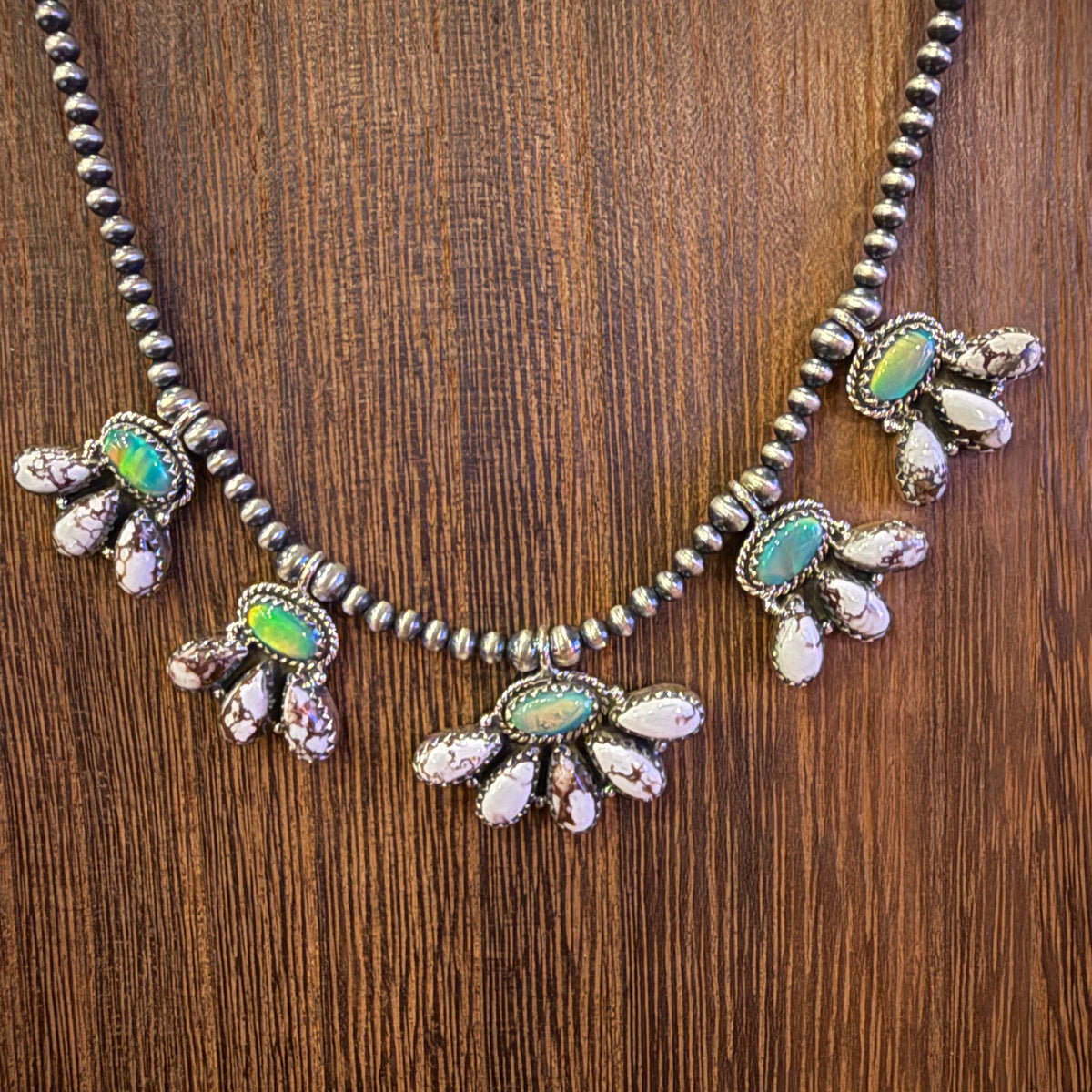 Aurora Opal and Wild Horse Dahlia Choker Necklace in Sterling Silver 3mm Desert Pearls 16 Inch Silver Elegant