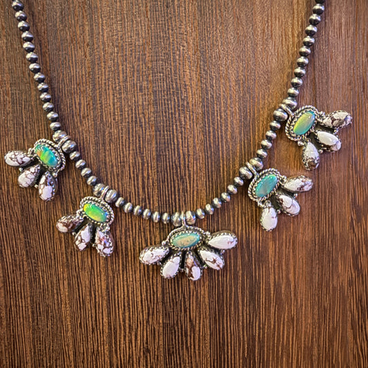 Aurora Opal and Wild Horse Dahlia Choker Necklace in Sterling Silver 3mm Desert Pearls 16 Inch Silver Elegant