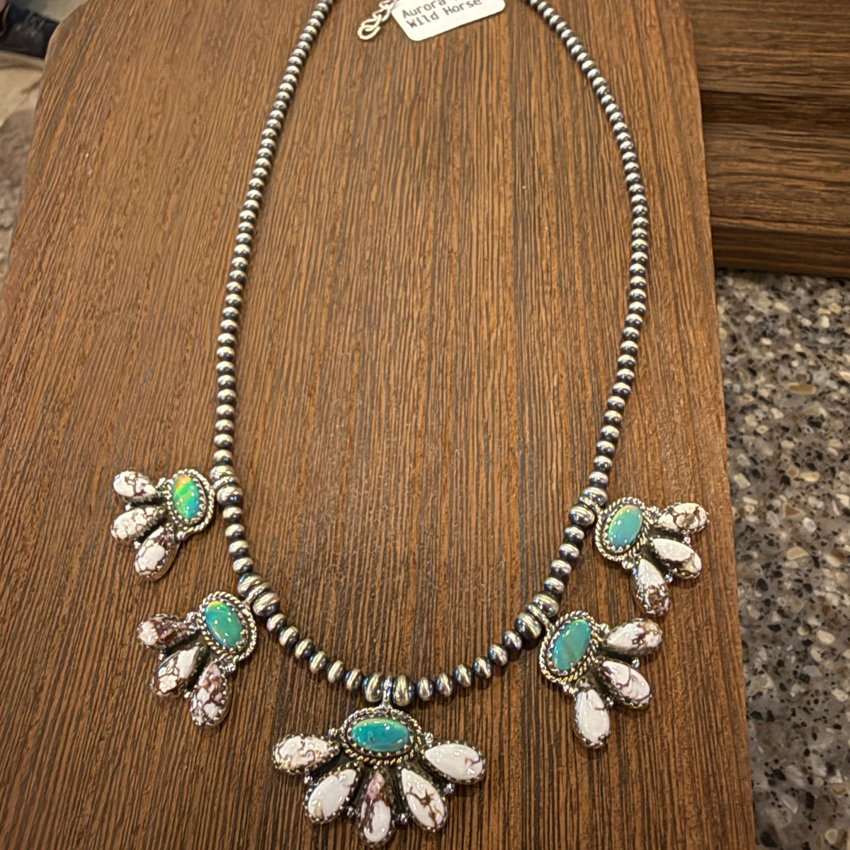 Aurora Opal and Wild Horse Dahlia Choker Necklace in Sterling Silver 3mm Desert Pearls 16 Inch Silver Elegant