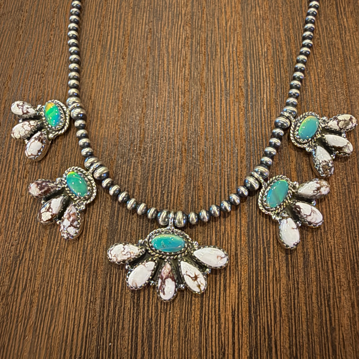 Aurora Opal and Wild Horse Dahlia Choker Necklace in Sterling Silver 3mm Desert Pearls 16 Inch Silver Elegant