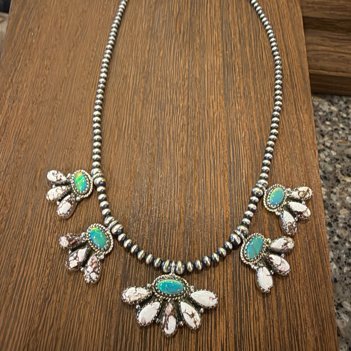 Aurora Opal and Wild Horse Dahlia Choker Necklace in Sterling Silver 3mm Desert Pearls 16 Inch Silver Elegant