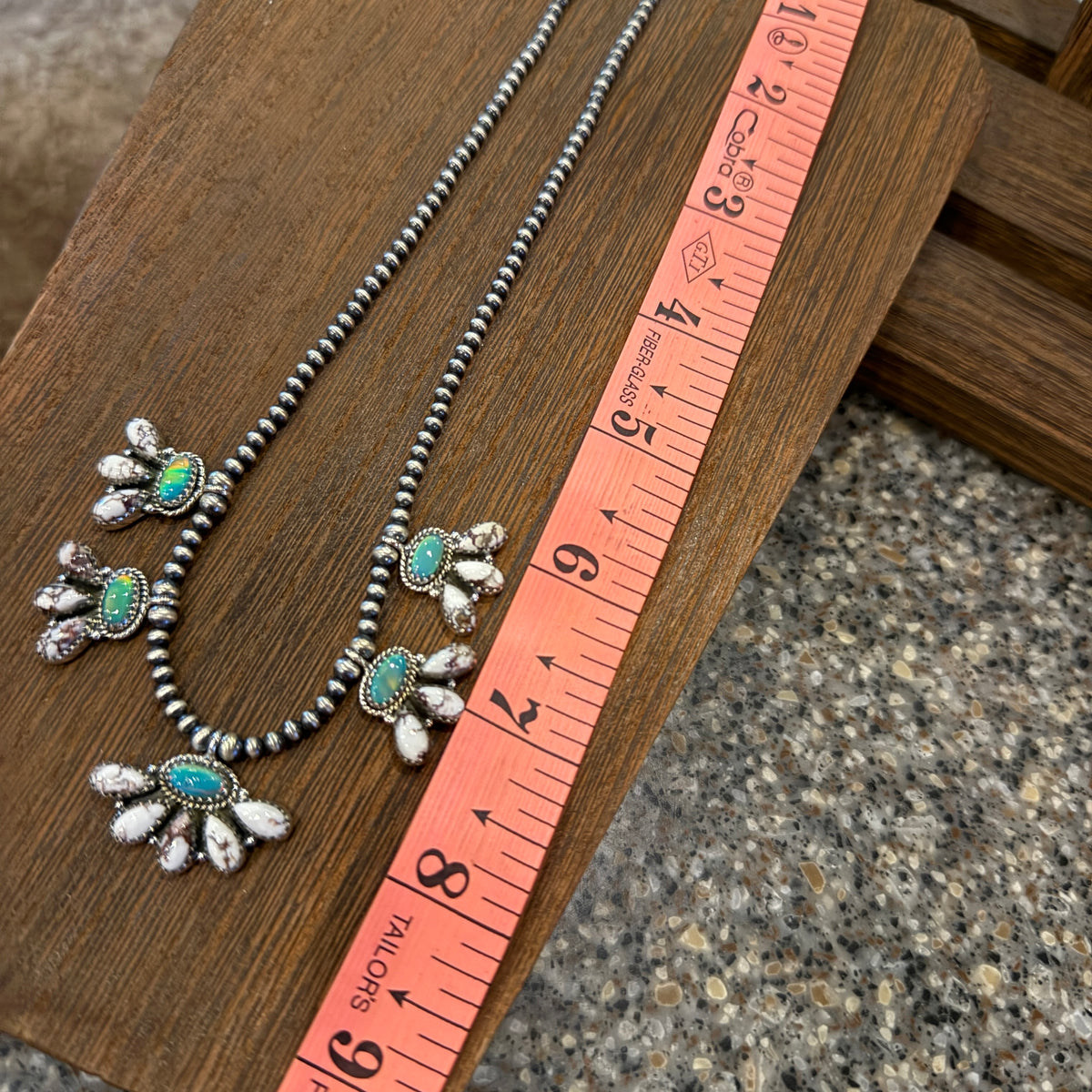 Aurora Opal and Wild Horse Dahlia Choker Necklace in Sterling Silver 3mm Desert Pearls 16 Inch Silver Elegant