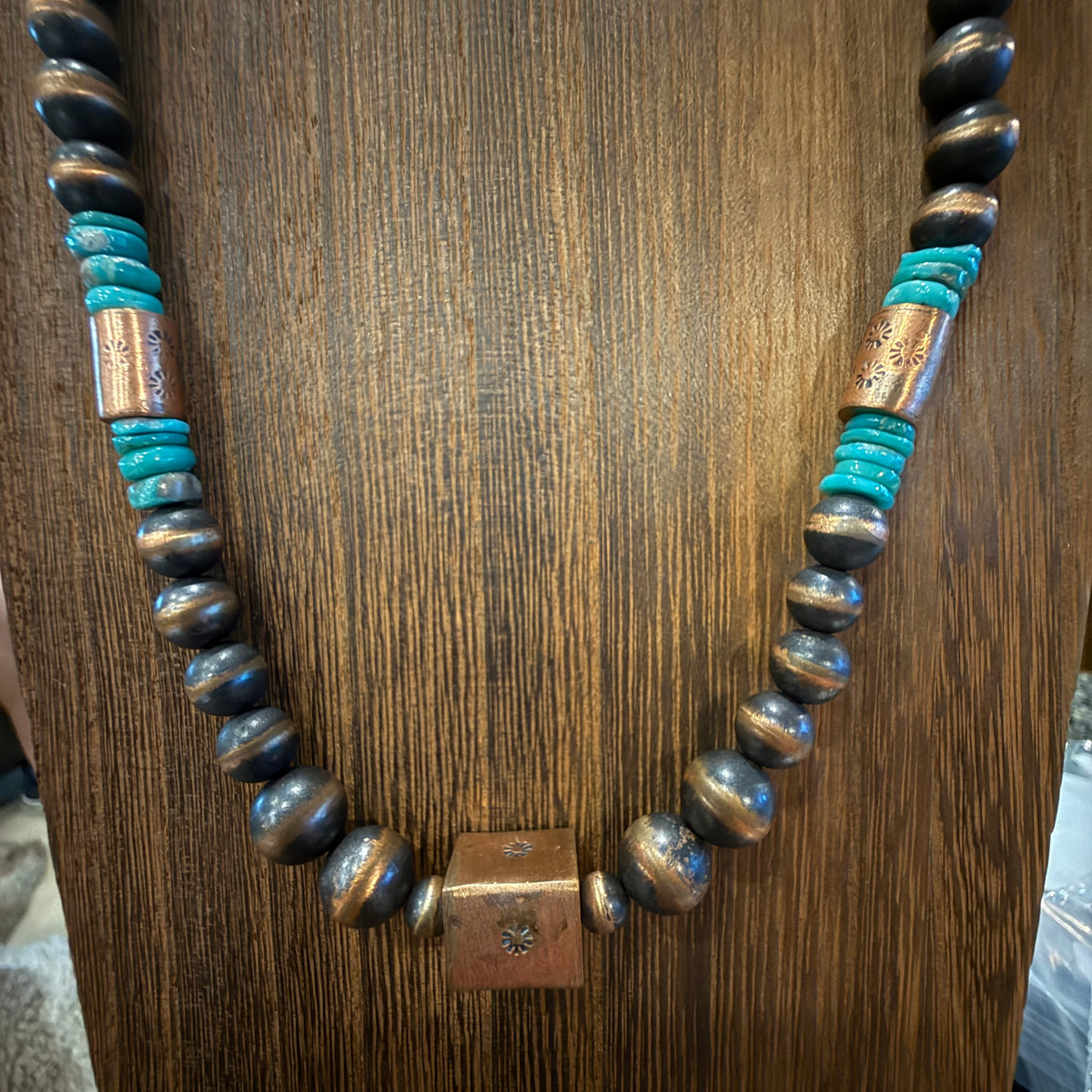 Genuine Copper 6mm-10mm Arizona Turquoise Desert Pearl Beads Bar Necklace Silver Elegant