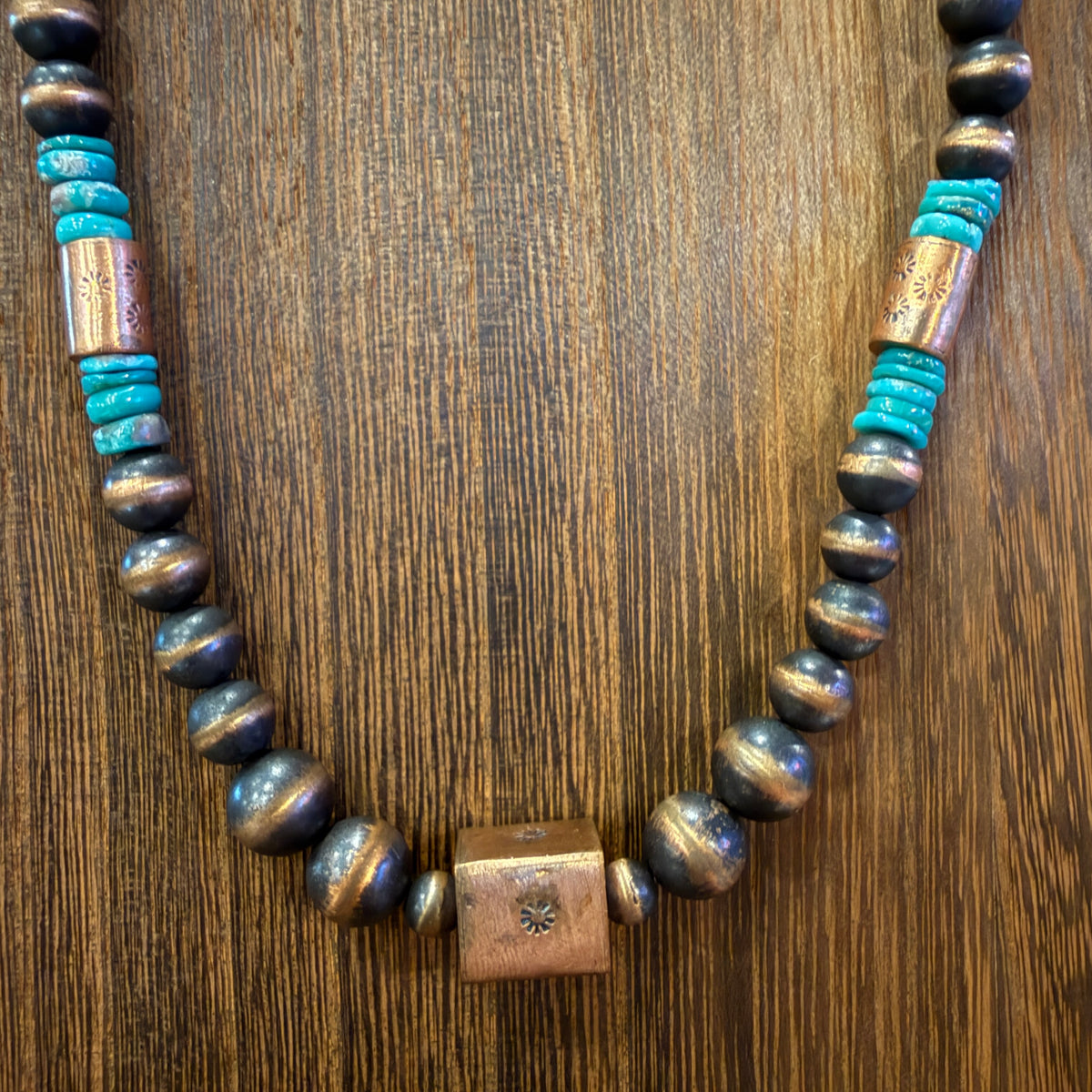 Genuine Copper 6mm-10mm Arizona Turquoise Desert Pearl Beads Bar Necklace Silver Elegant