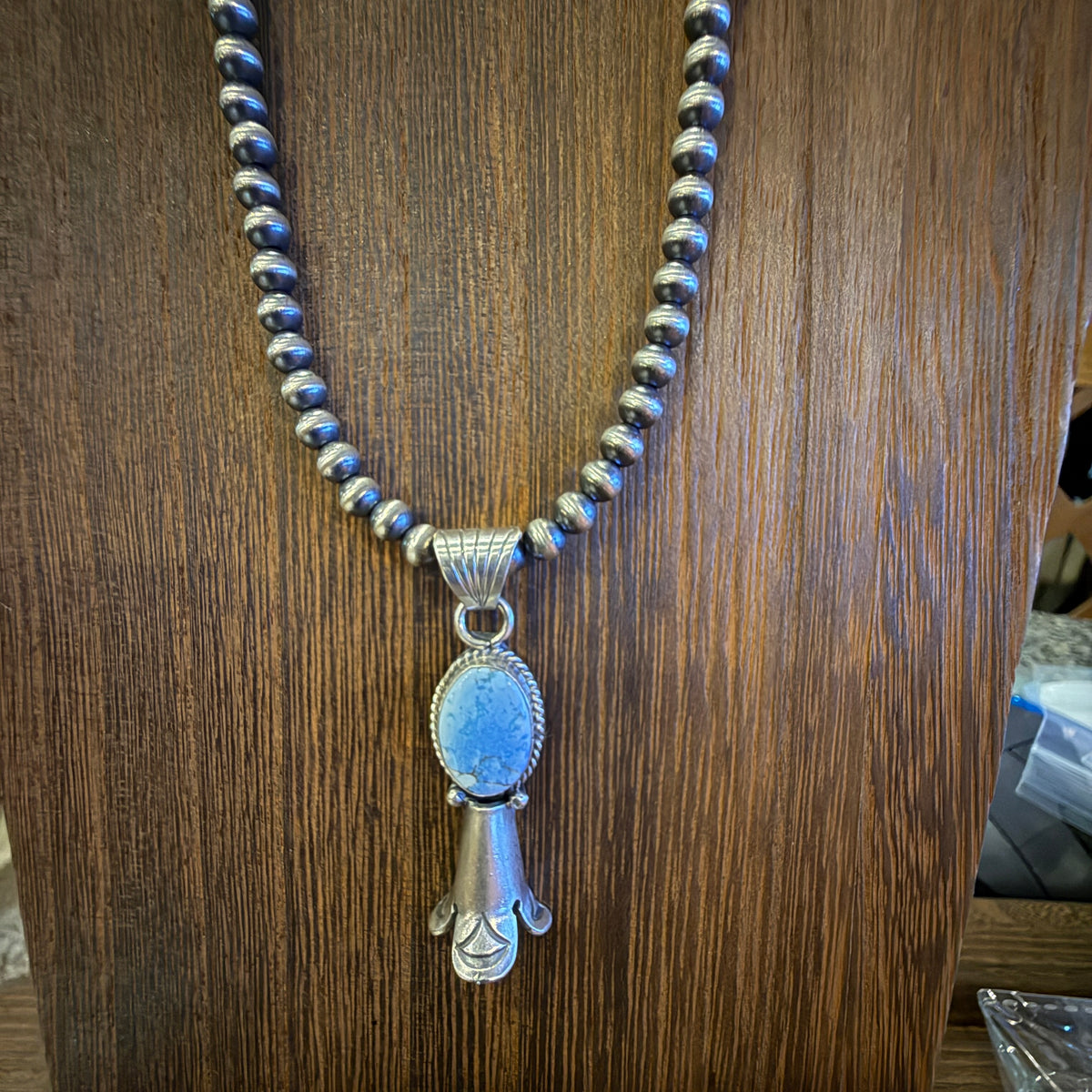 Sterling Silver 6mm Desert Pearl Kingman Turquoise Blossom Necklace, 18 Inches 1.75 Inch Blossom Silver Elegant