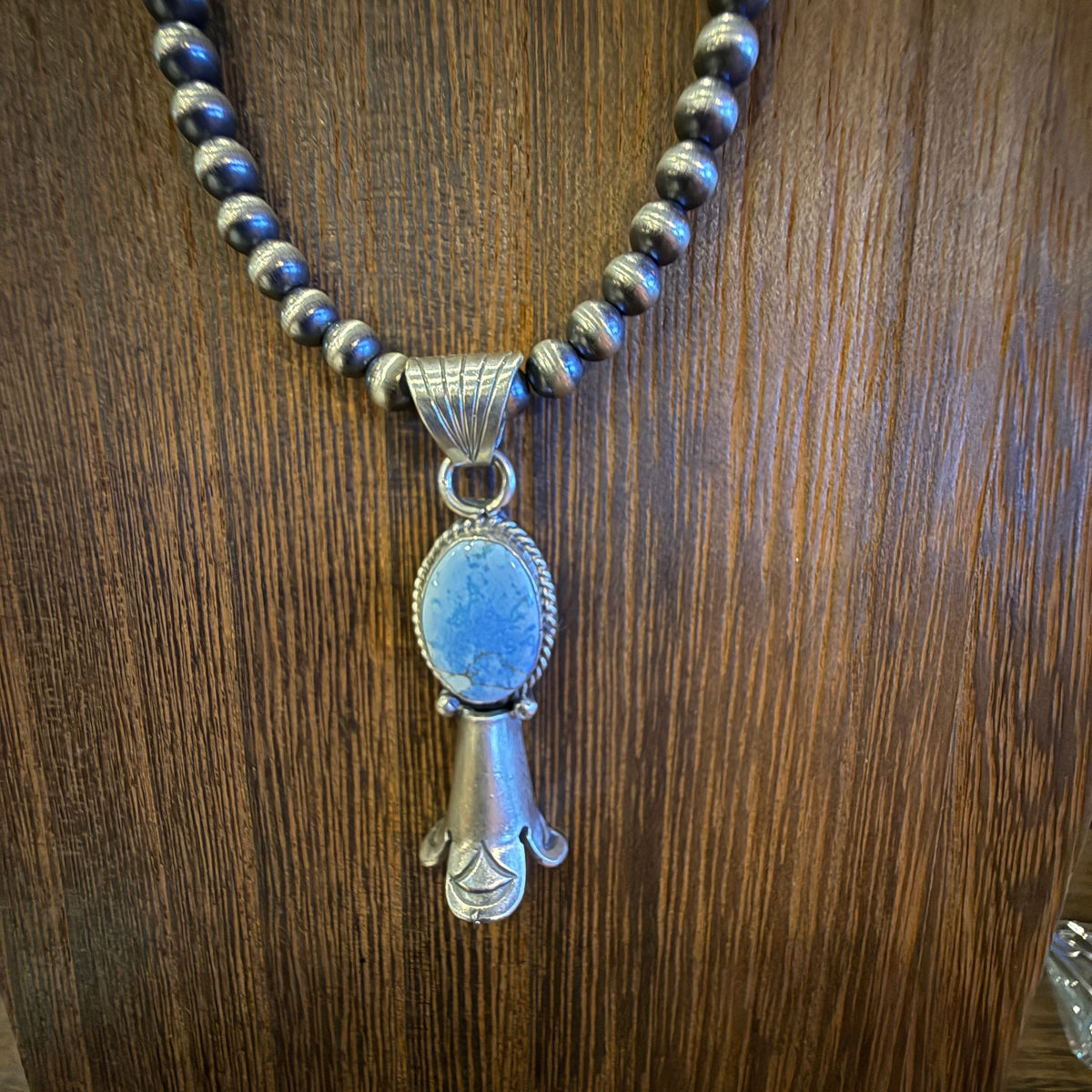 Sterling Silver 6mm Desert Pearl Kingman Turquoise Blossom Necklace, 18 Inches 1.75 Inch Blossom Silver Elegant