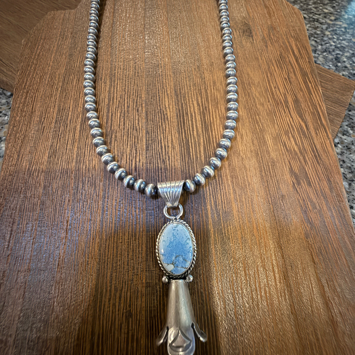 Sterling Silver 6mm Desert Pearl Kingman Turquoise Blossom Necklace, 18 Inches 1.75 Inch Blossom Silver Elegant