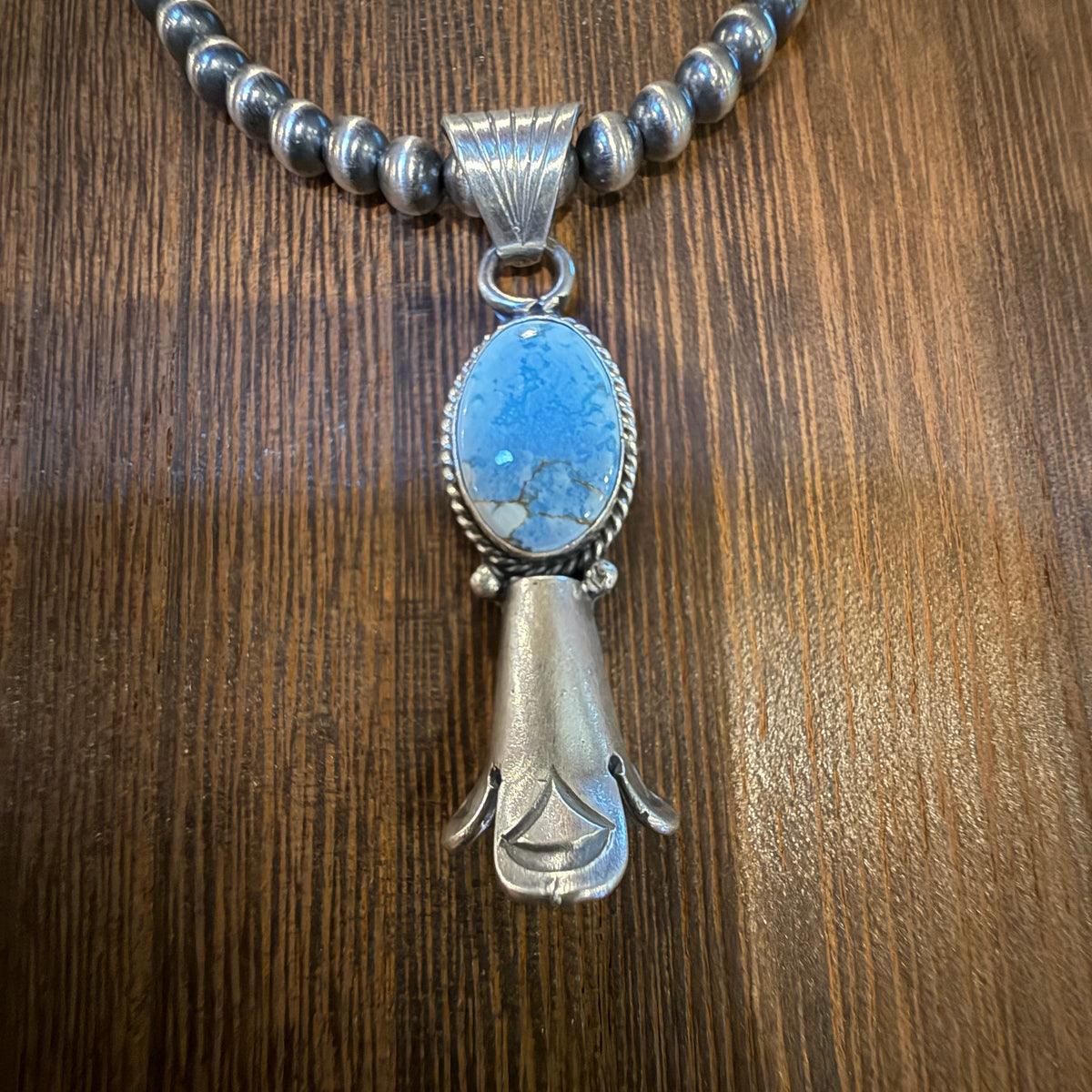 Sterling Silver 6mm Desert Pearl Kingman Turquoise Blossom Necklace, 18 Inches 1.75 Inch Blossom Silver Elegant