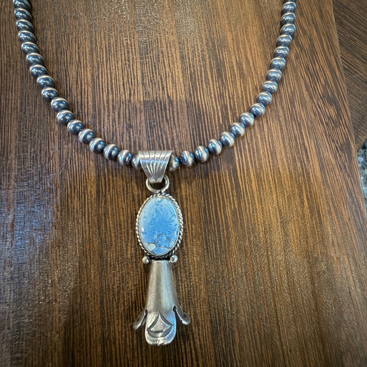 Sterling Silver 6mm Desert Pearl Kingman Turquoise Blossom Necklace, 18 Inches 1.75 Inch Blossom Silver Elegant