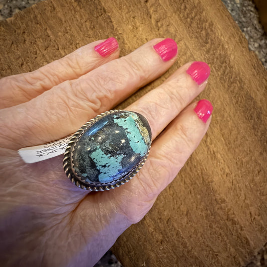 Native Signed Donovan Nez Blackjack Turquoise Adjustable Statement Ring in Sterling Silver Silver Elegant