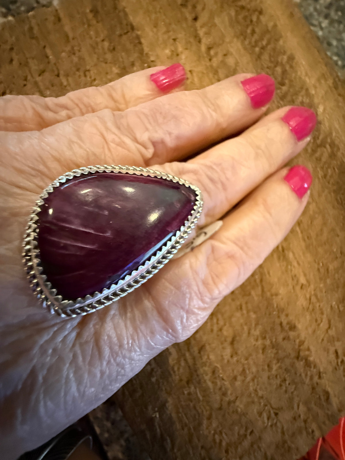 Native Signed TT Purple Spiny Oyster 1.50 Inch Ring Size 6.5 in Sterling Silver Silver Elegant