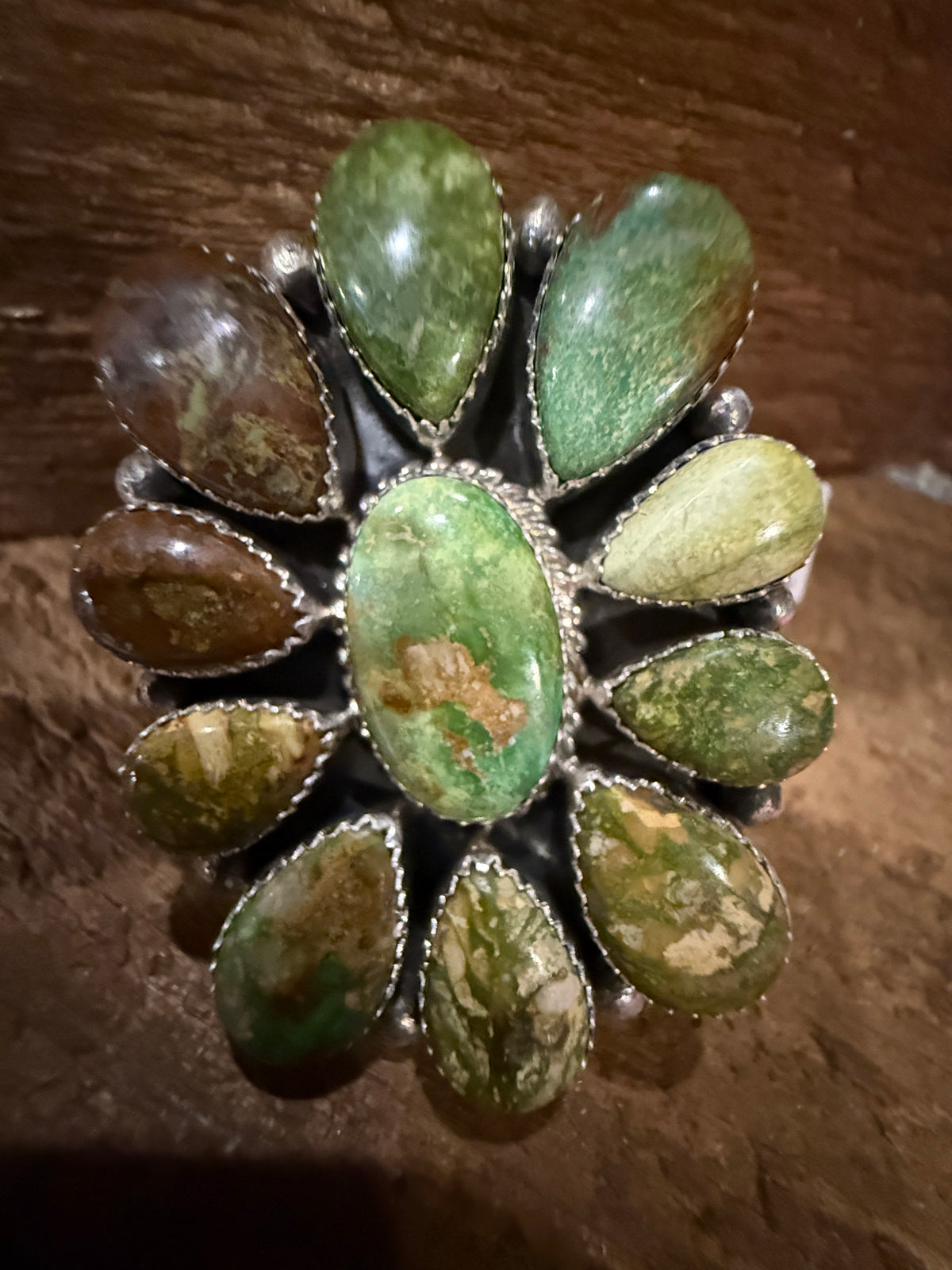 Native Signed Annie Spencer Valley Verde Turquoise Oversized Statement Cluster Ring in Sterling Silver Adjustable Silver Elegant