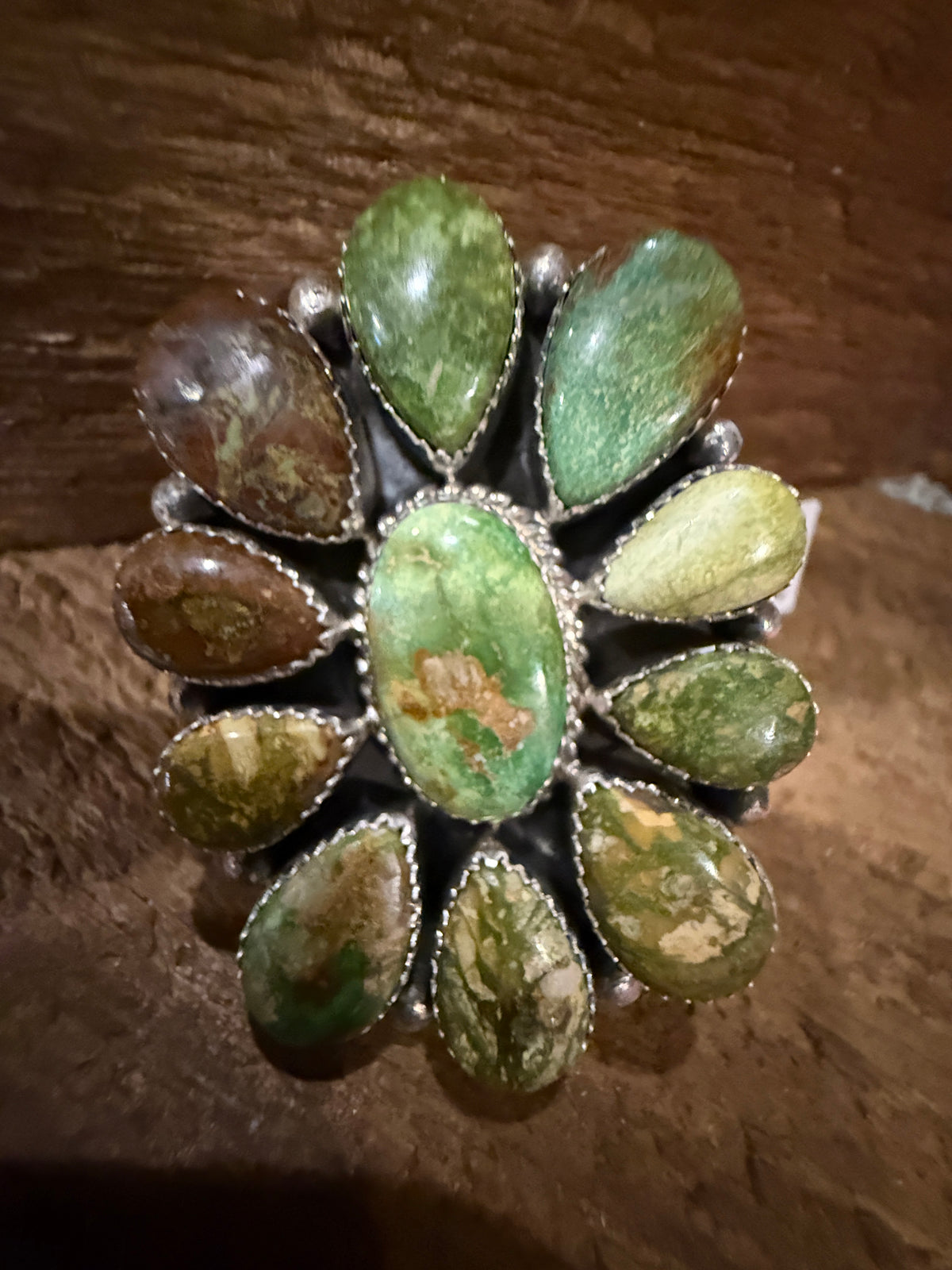 Native Signed Annie Spencer Valley Verde Turquoise Oversized Statement Cluster Ring in Sterling Silver Adjustable Silver Elegant