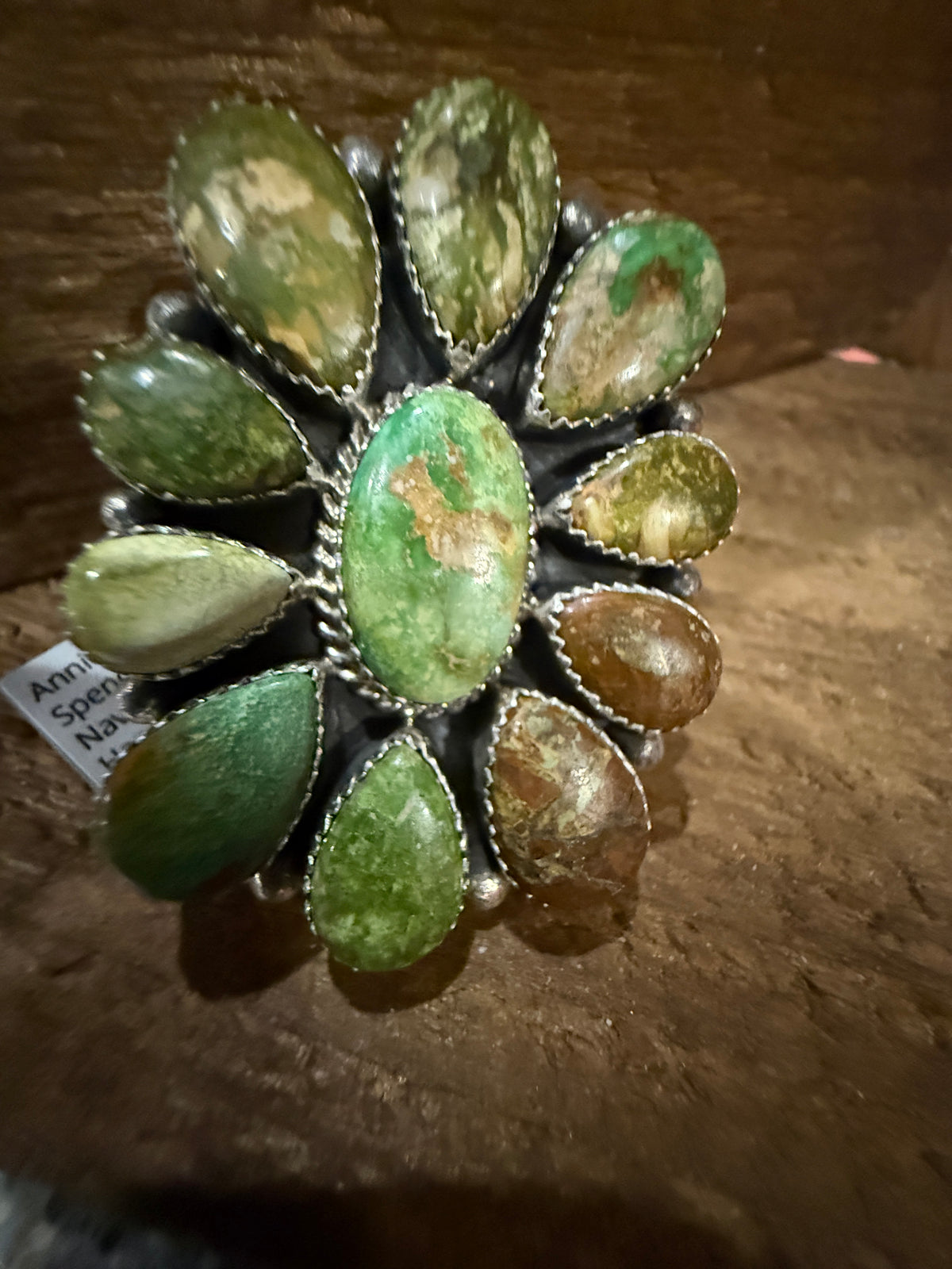 Native Signed Annie Spencer Valley Verde Turquoise Oversized Statement Cluster Ring in Sterling Silver Adjustable Silver Elegant
