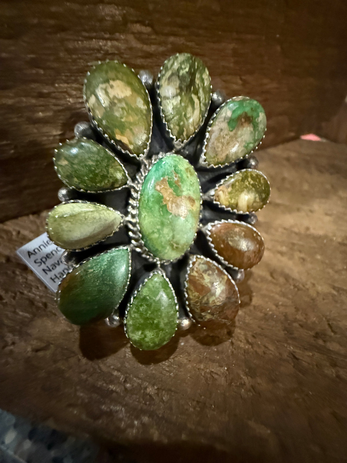 Native Signed Annie Spencer Valley Verde Turquoise Oversized Statement Cluster Ring in Sterling Silver Adjustable Silver Elegant