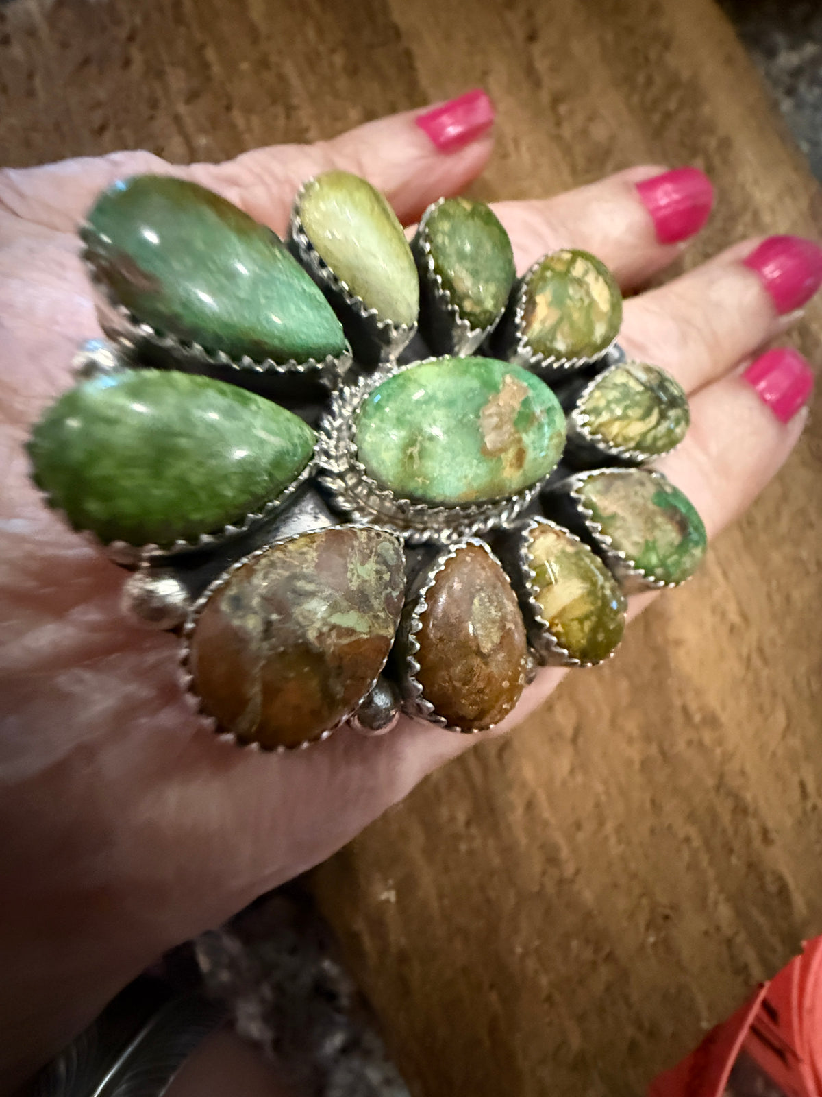 Native Signed Annie Spencer Valley Verde Turquoise Oversized Statement Cluster Ring in Sterling Silver Adjustable Silver Elegant