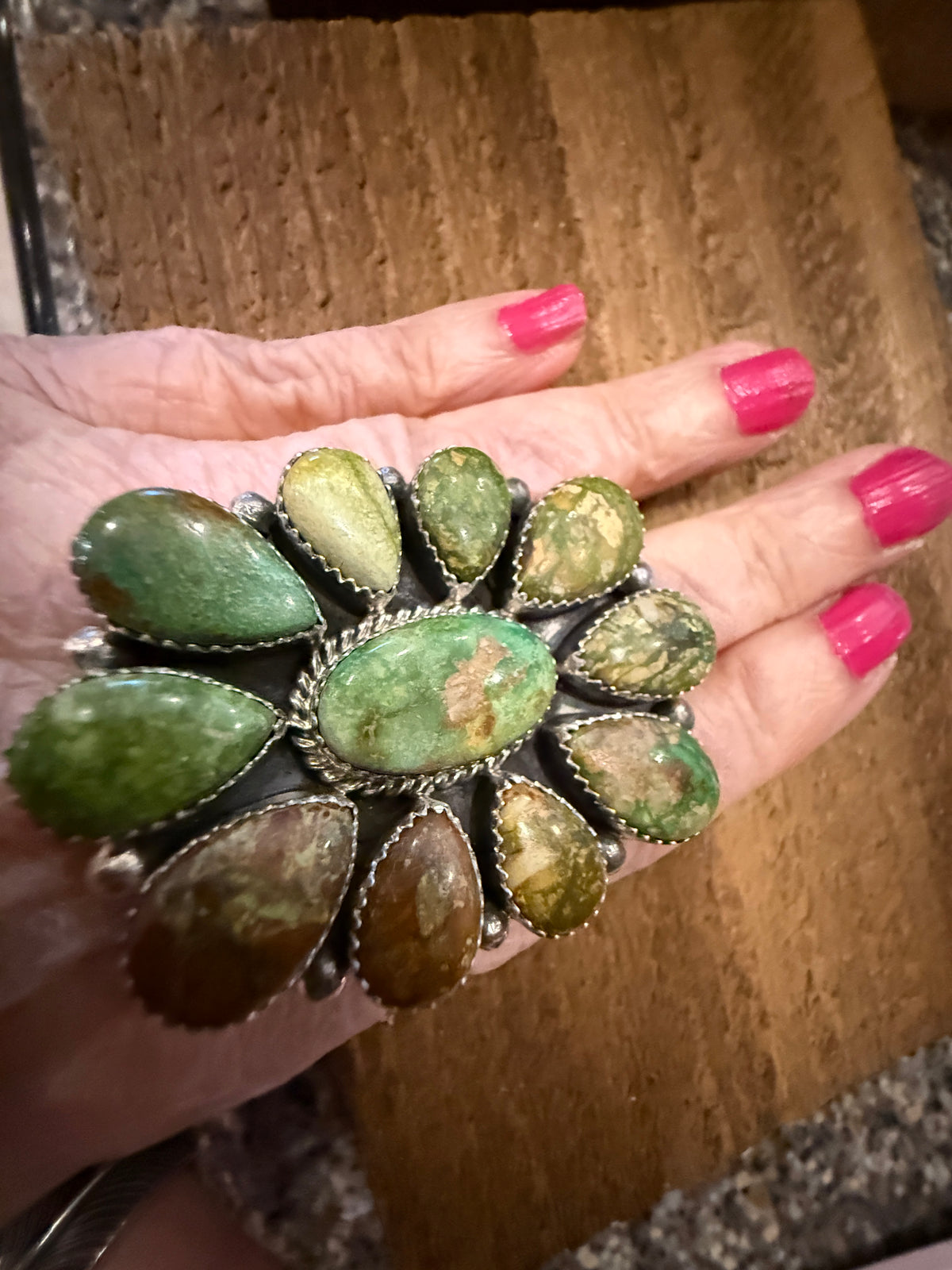 Native Signed Annie Spencer Valley Verde Turquoise Oversized Statement Cluster Ring in Sterling Silver Adjustable Silver Elegant
