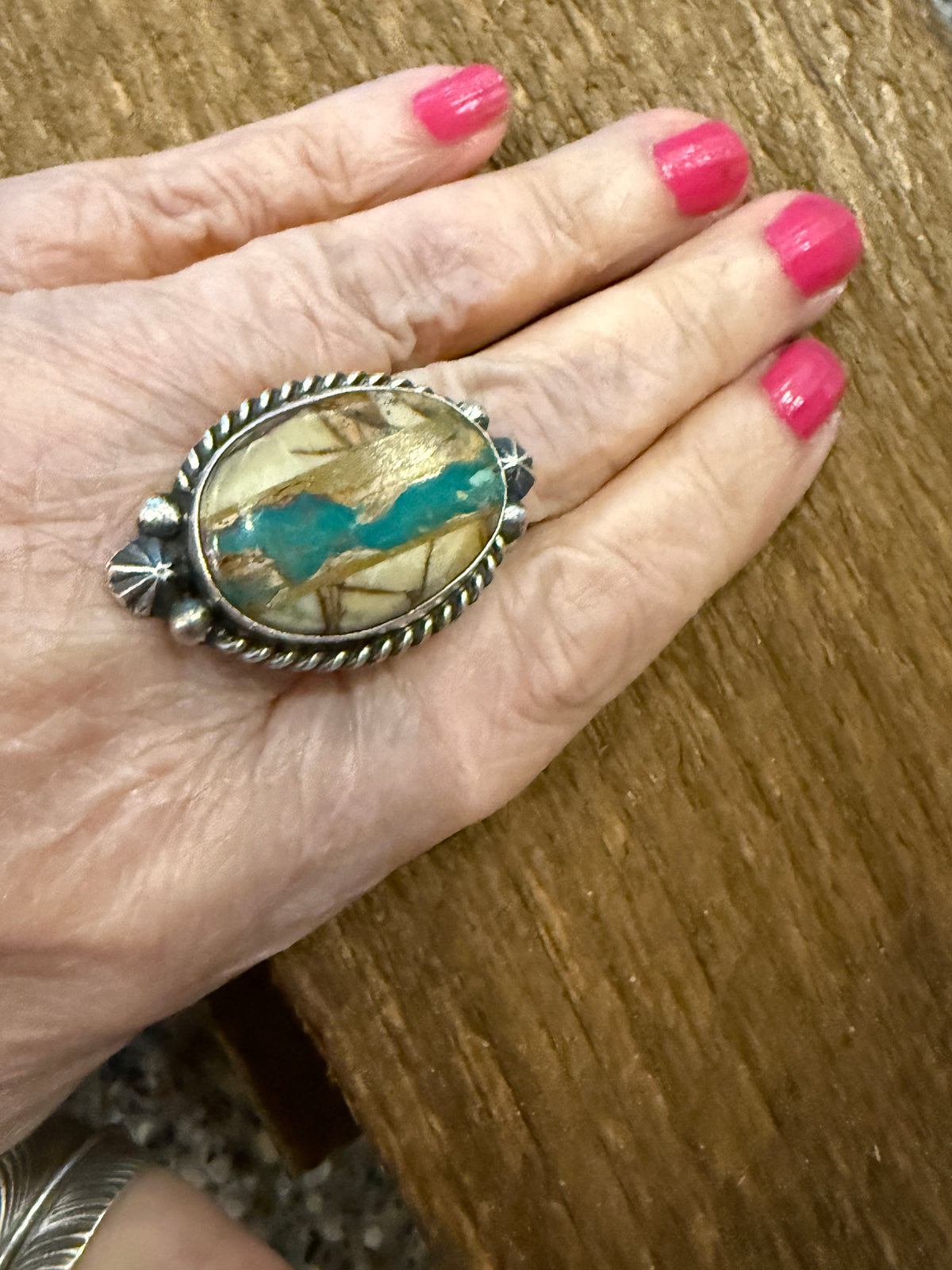 Native Signed Johnny Dixon Royston Ribbon Turquoise Oversized Statement Ring Adjustable in Sterling Silver Silver Elegant