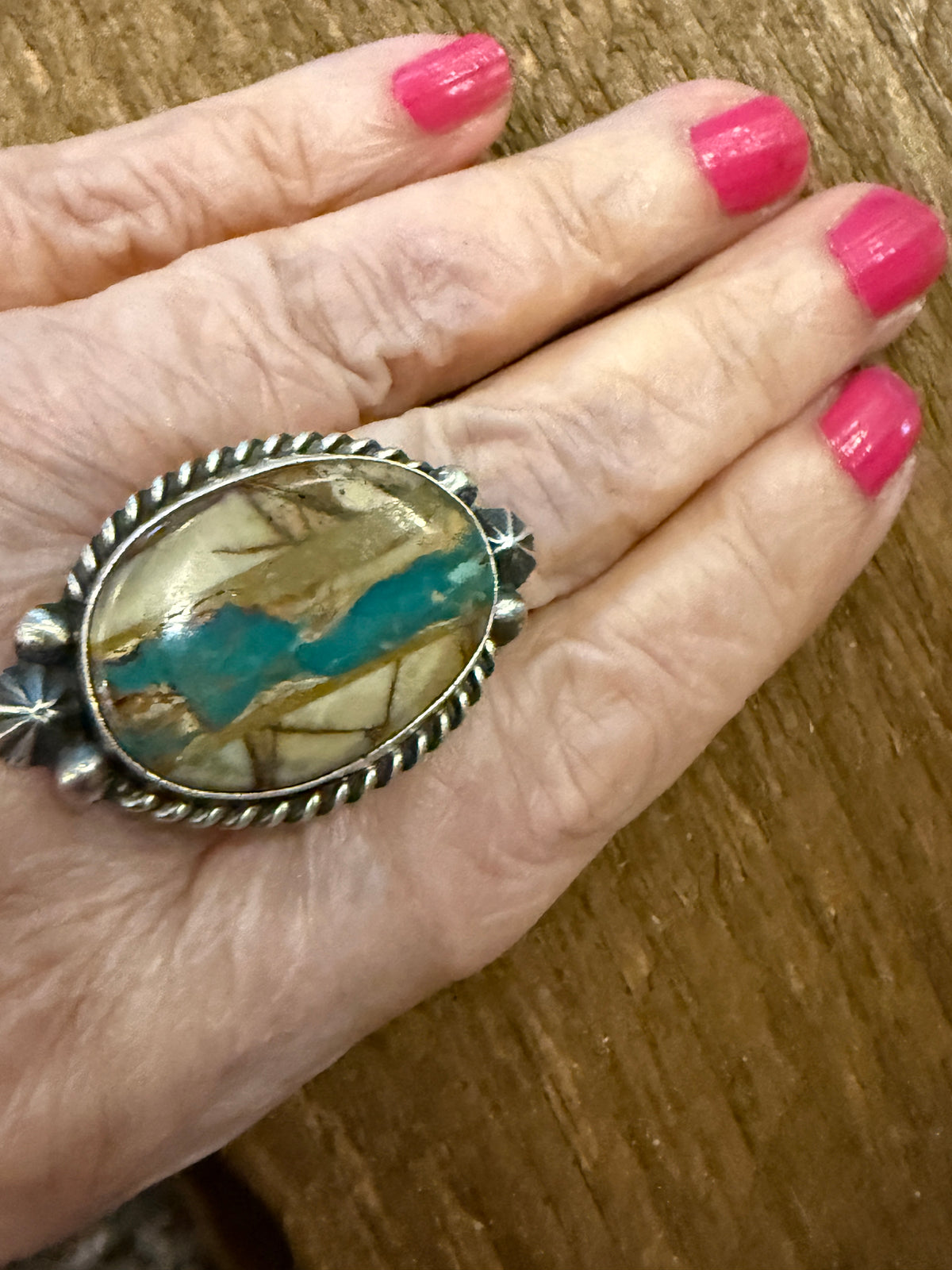 Native Signed Johnny Dixon Royston Ribbon Turquoise Oversized Statement Ring Adjustable in Sterling Silver Silver Elegant