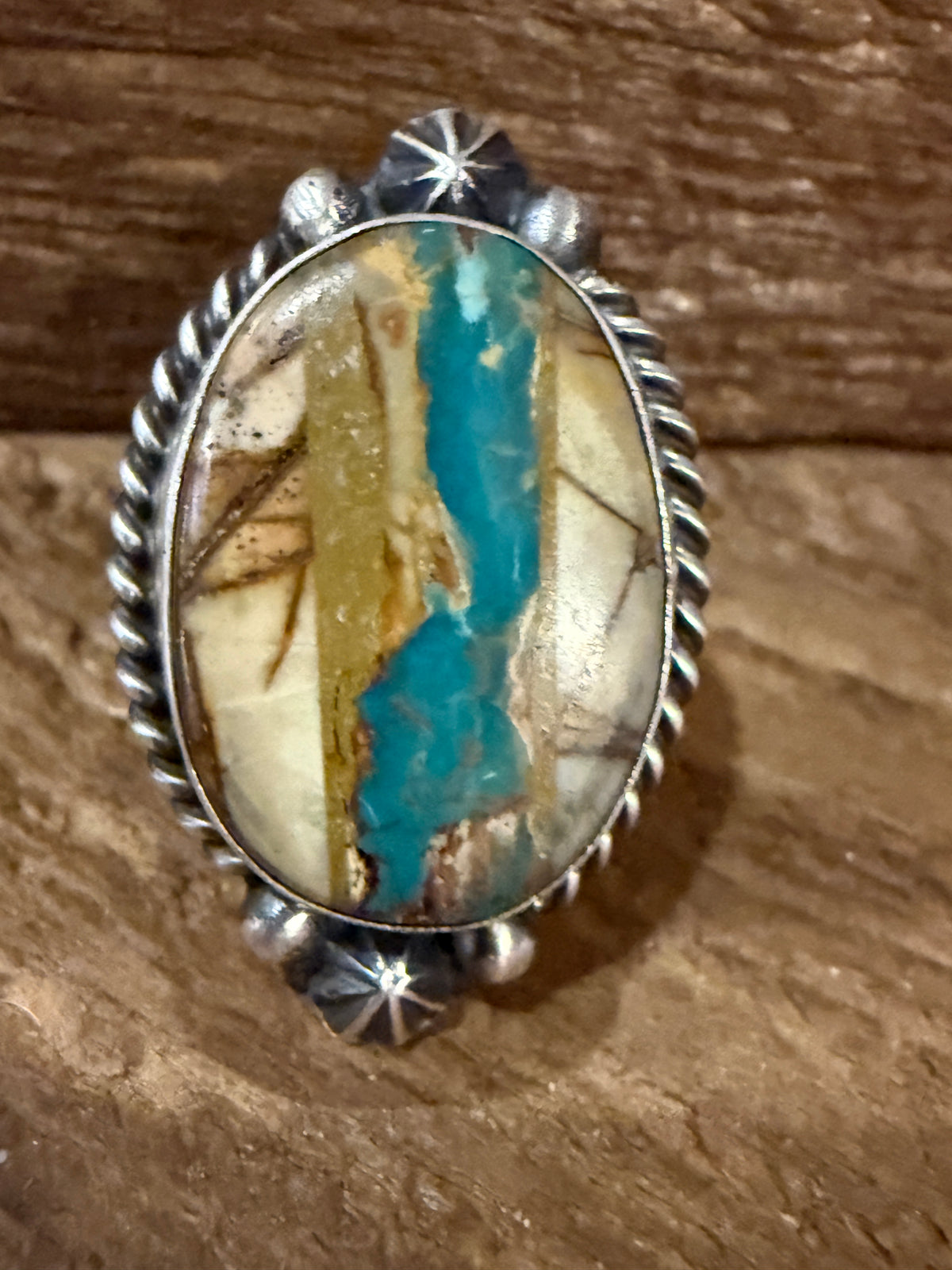 Native Signed Johnny Dixon Royston Ribbon Turquoise Oversized Statement Ring Adjustable in Sterling Silver Silver Elegant