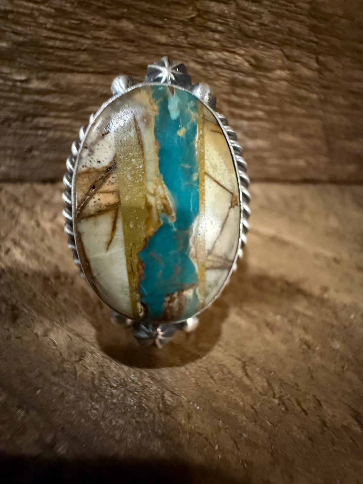 Native Signed Johnny Dixon Royston Ribbon Turquoise Oversized Statement Ring Adjustable in Sterling Silver Silver Elegant