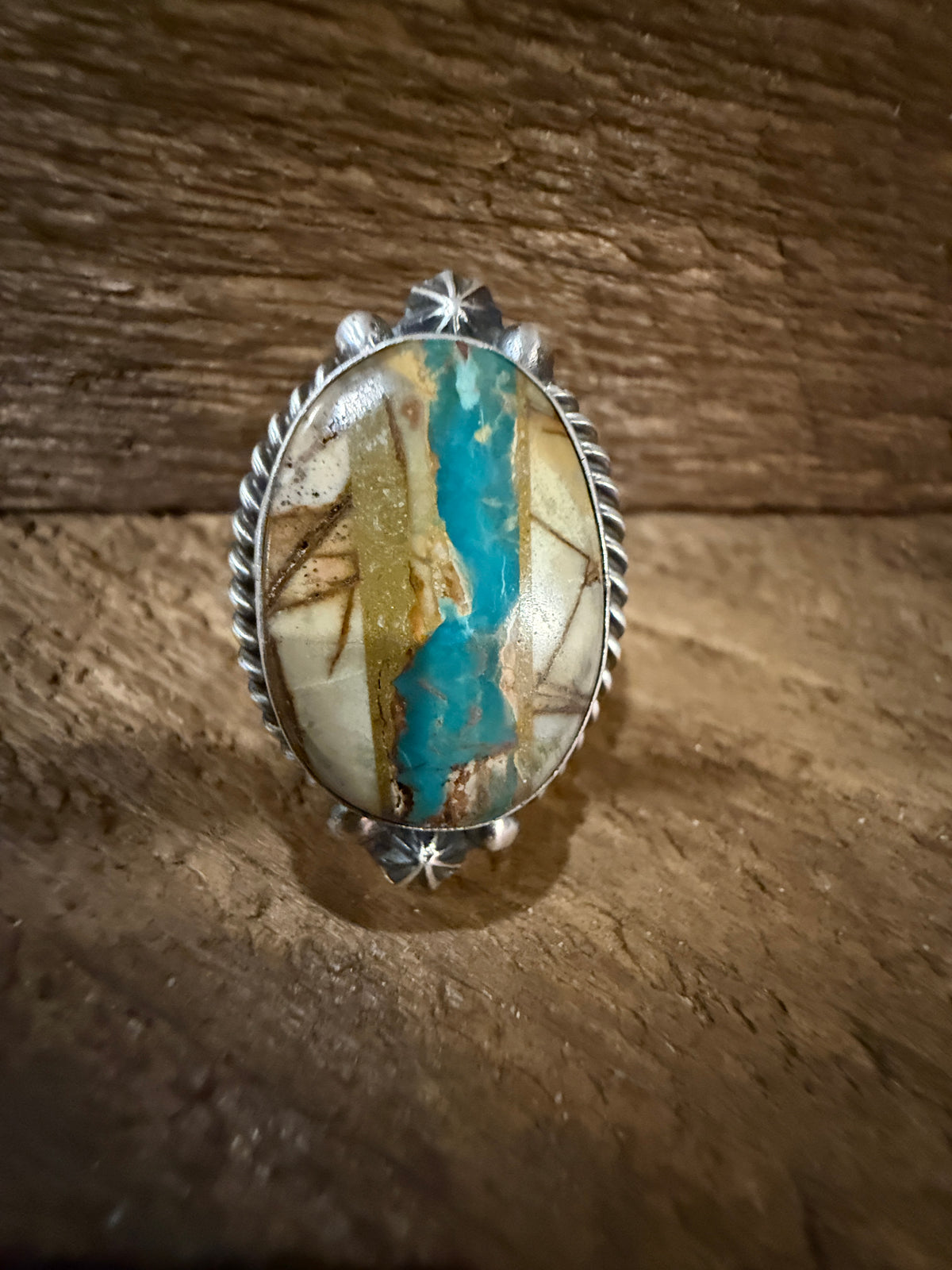 Native Signed Johnny Dixon Royston Ribbon Turquoise Oversized Statement Ring Adjustable in Sterling Silver Silver Elegant