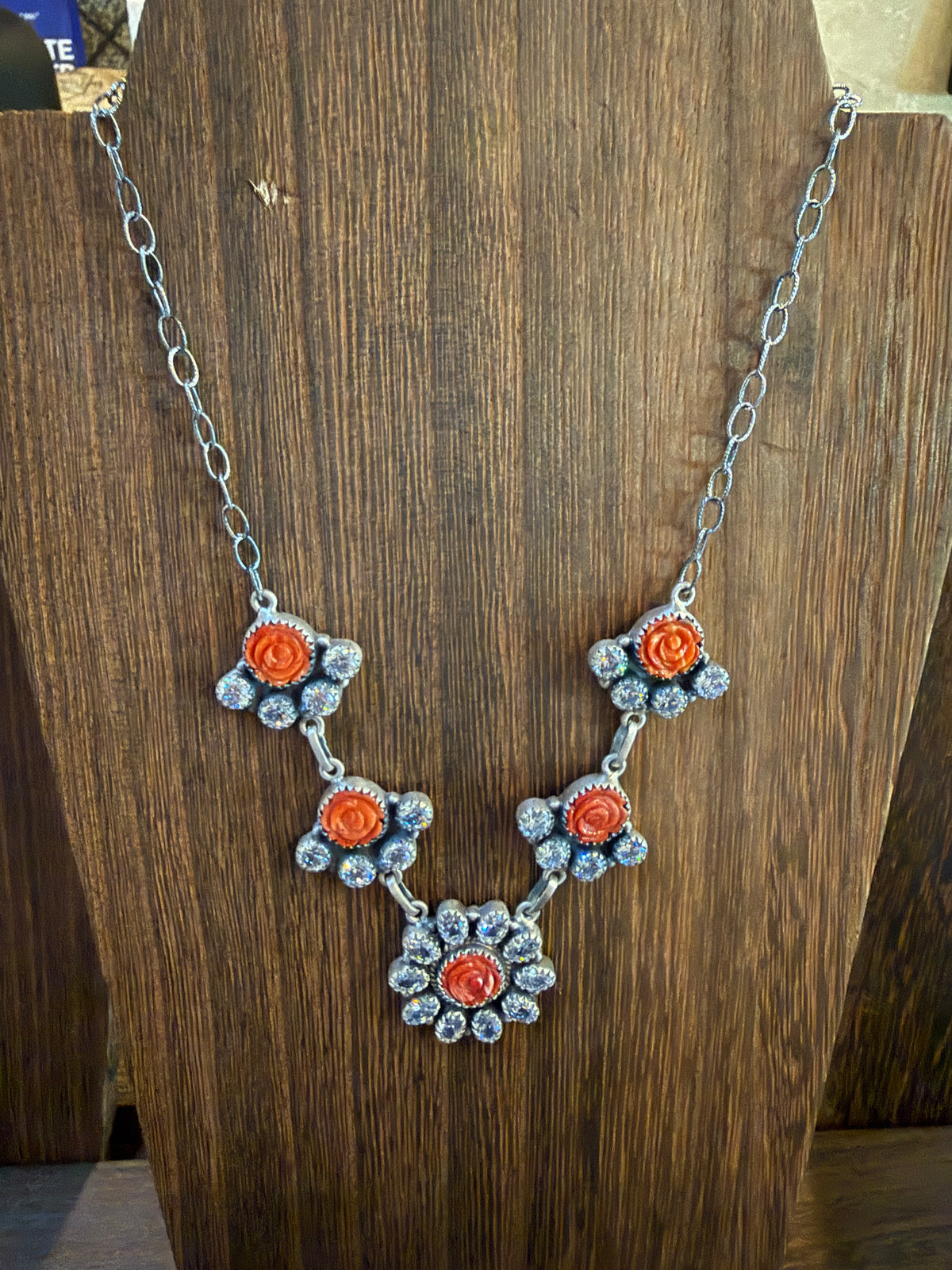 Orange Spiny and Clear Cubic Zirconia Lariat Necklace in Sterling Silver 20 Inch