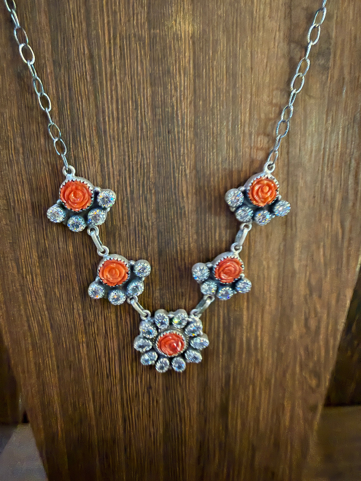 Orange Spiny and Clear Cubic Zirconia Lariat Necklace in Sterling Silver 20 Inch