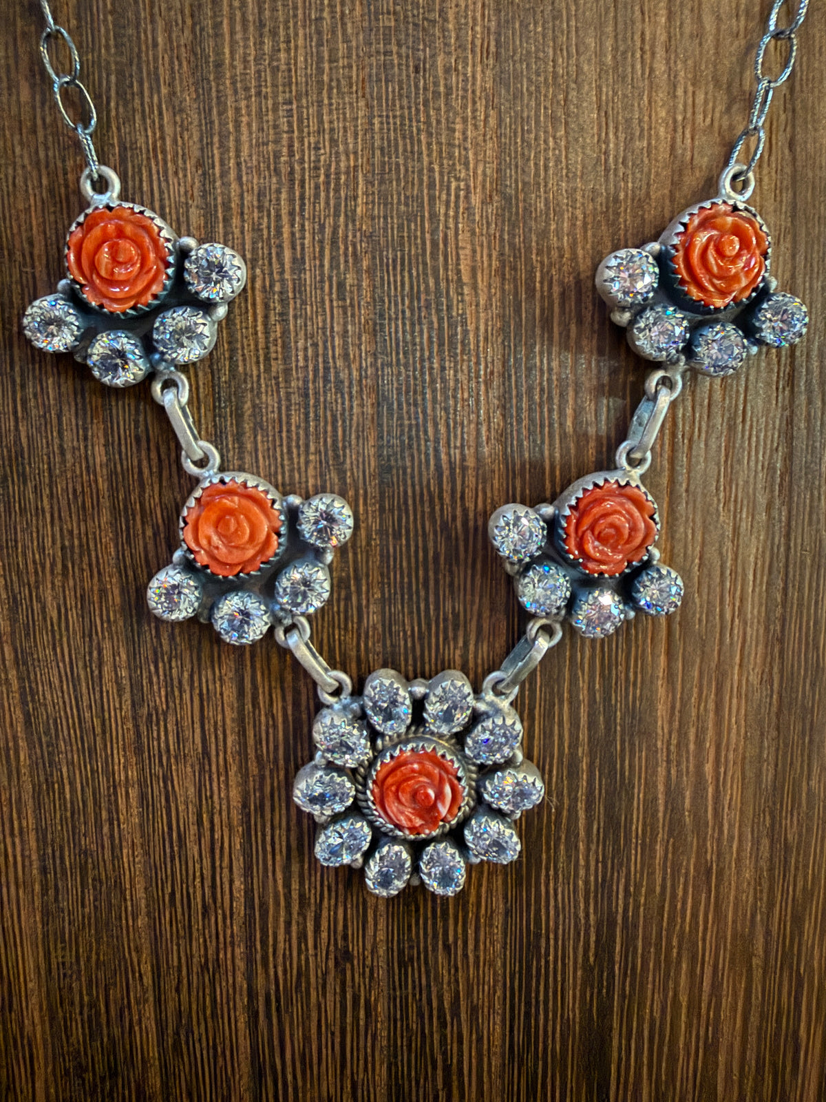 Orange Spiny and Clear Cubic Zirconia Lariat Necklace in Sterling Silver 20 Inch