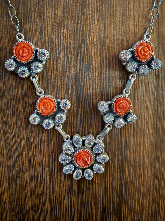 Orange Spiny and Clear Cubic Zirconia Lariat Necklace in Sterling Silver 20 Inch
