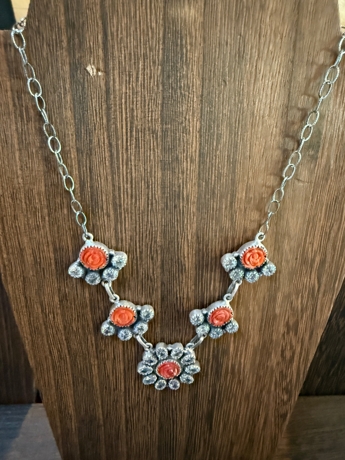 Orange Spiny and Clear Cubic Zirconia Lariat Necklace in Sterling Silver 20 Inch