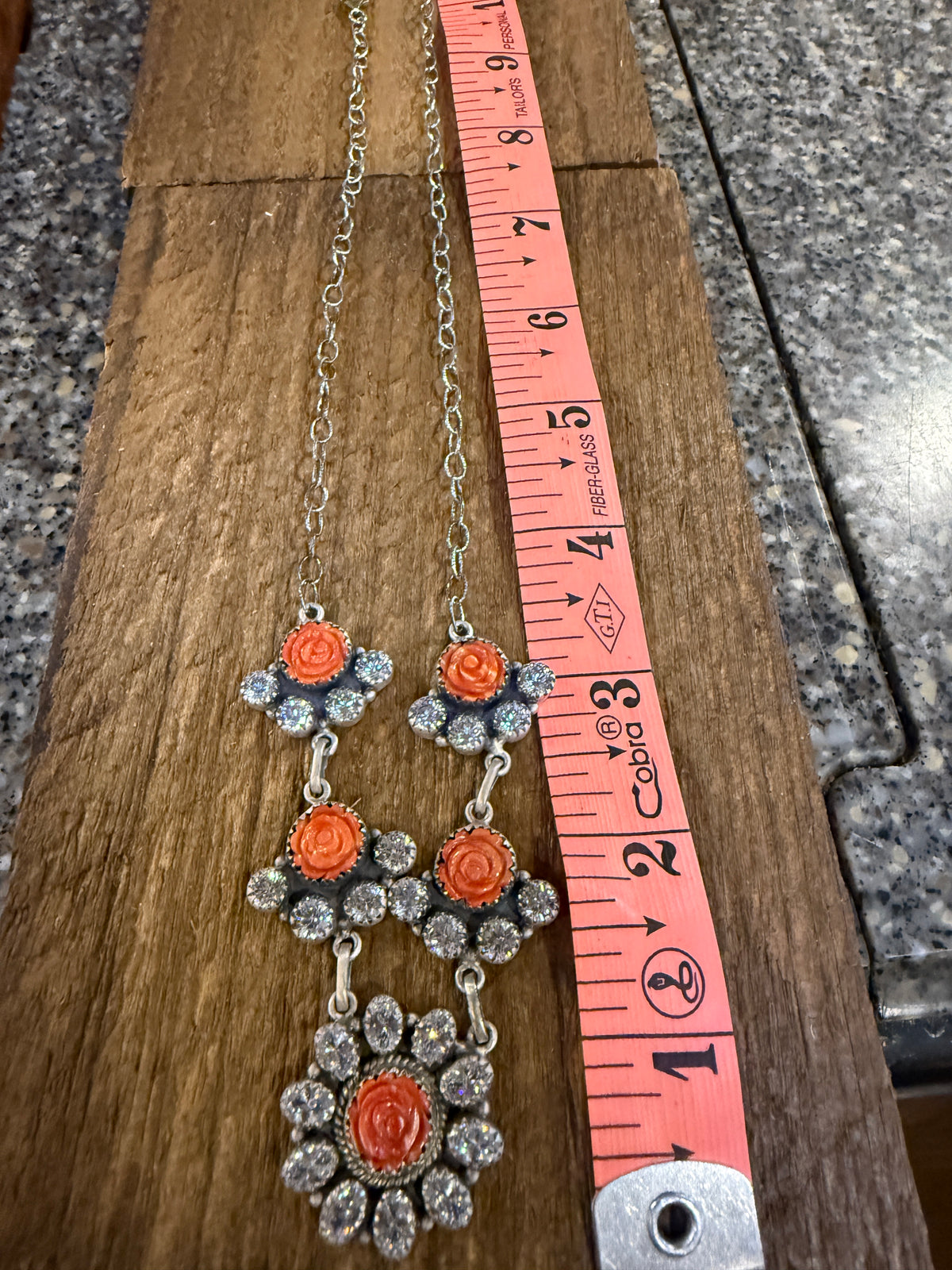 Orange Spiny and Clear Cubic Zirconia Lariat Necklace in Sterling Silver 20 Inch