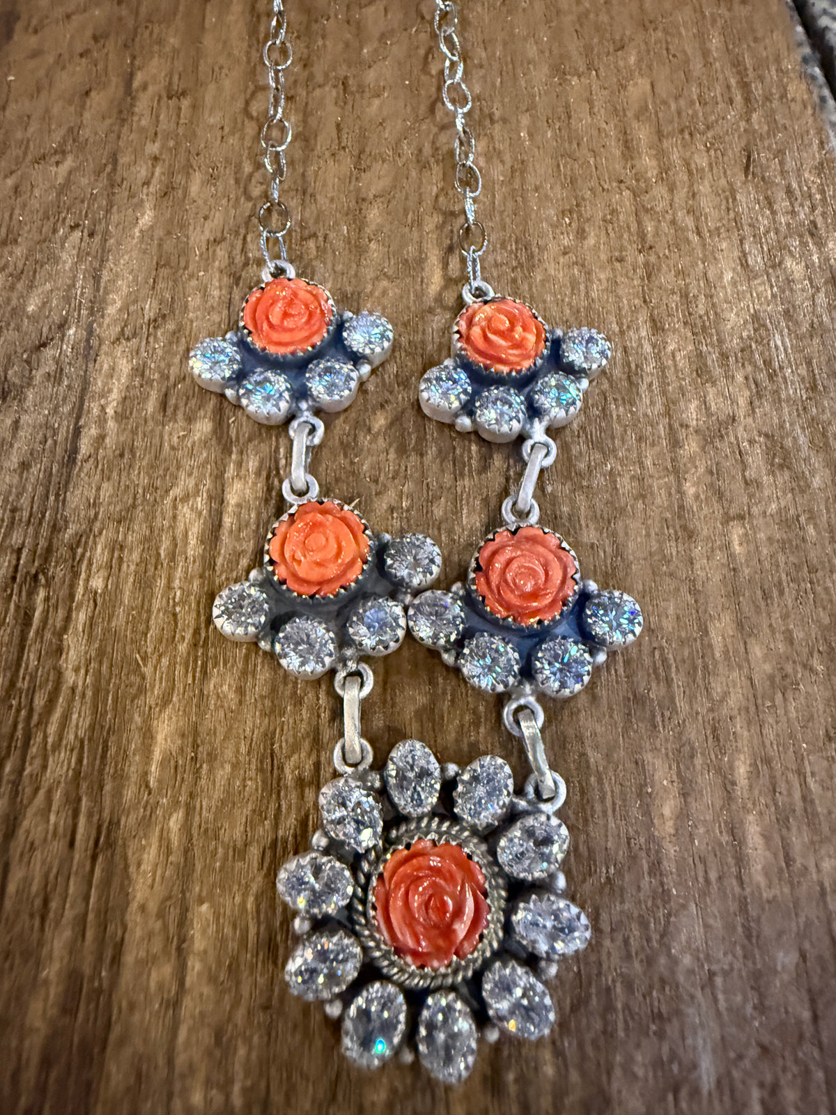 Orange Spiny and Clear Cubic Zirconia Lariat Necklace in Sterling Silver 20 Inch