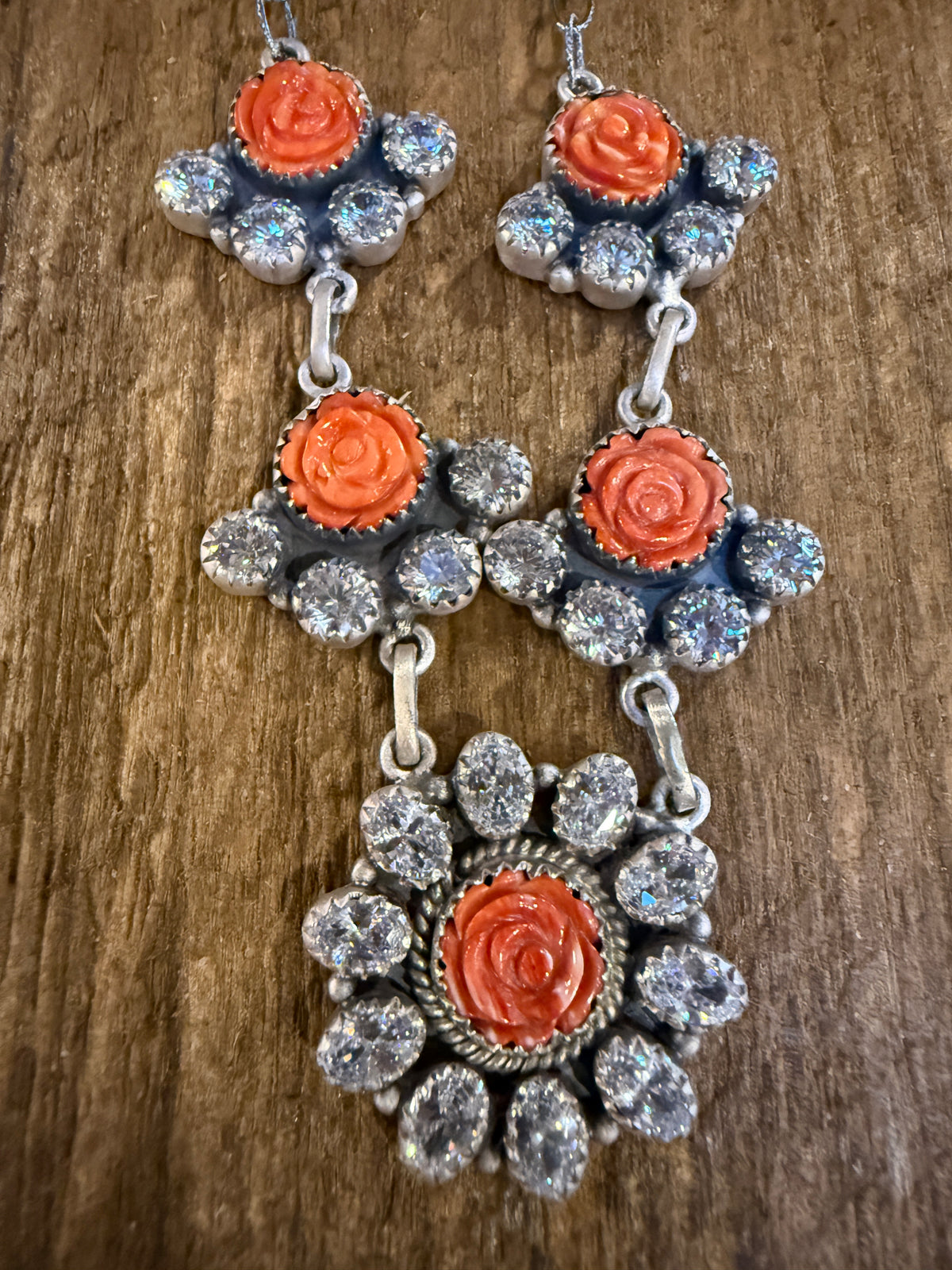 Orange Spiny and Clear Cubic Zirconia Lariat Necklace in Sterling Silver 20 Inch