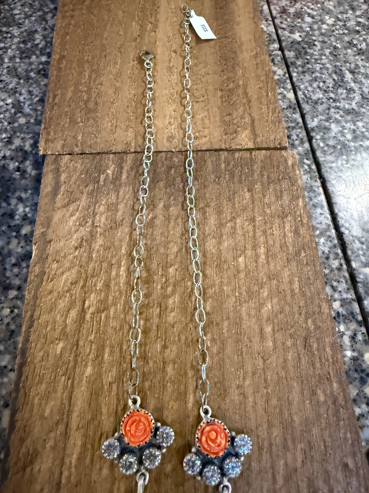 Orange Spiny and Clear Cubic Zirconia Lariat Necklace in Sterling Silver 20 Inch
