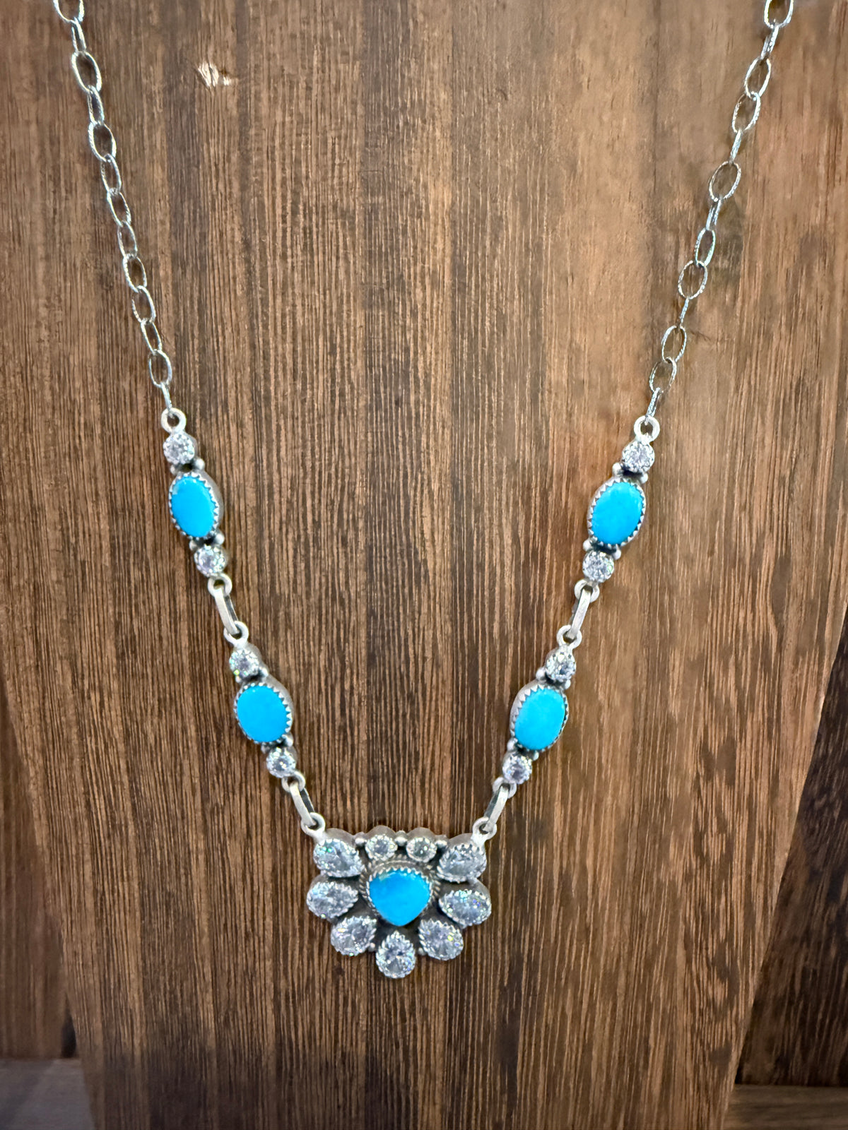 Kingman Turquoise Gemstone and Cubic Zirconia Lariat Necklace in Sterling Silver 20 Inches