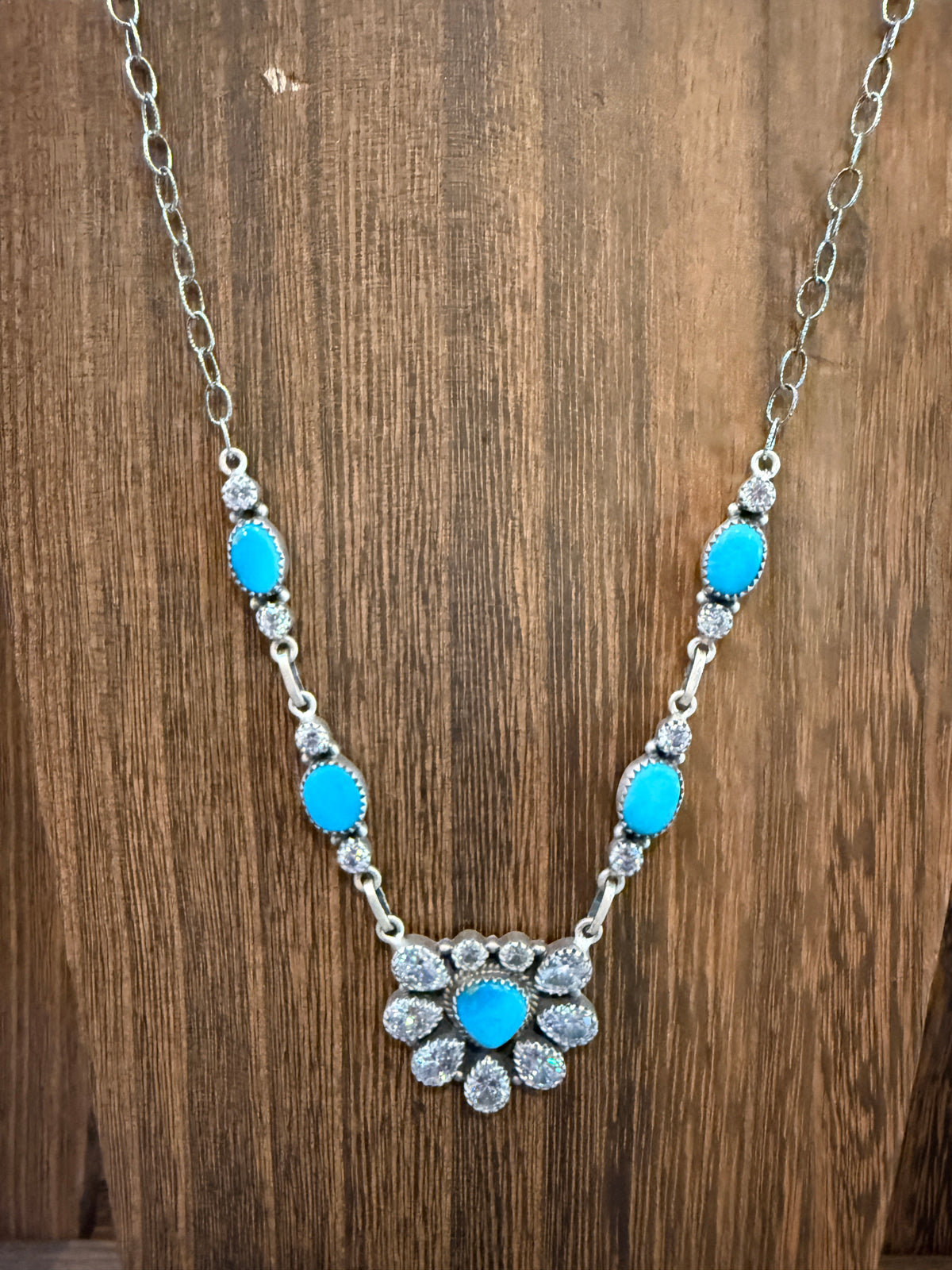 Kingman Turquoise Gemstone and Cubic Zirconia Lariat Necklace in Sterling Silver 20 Inches