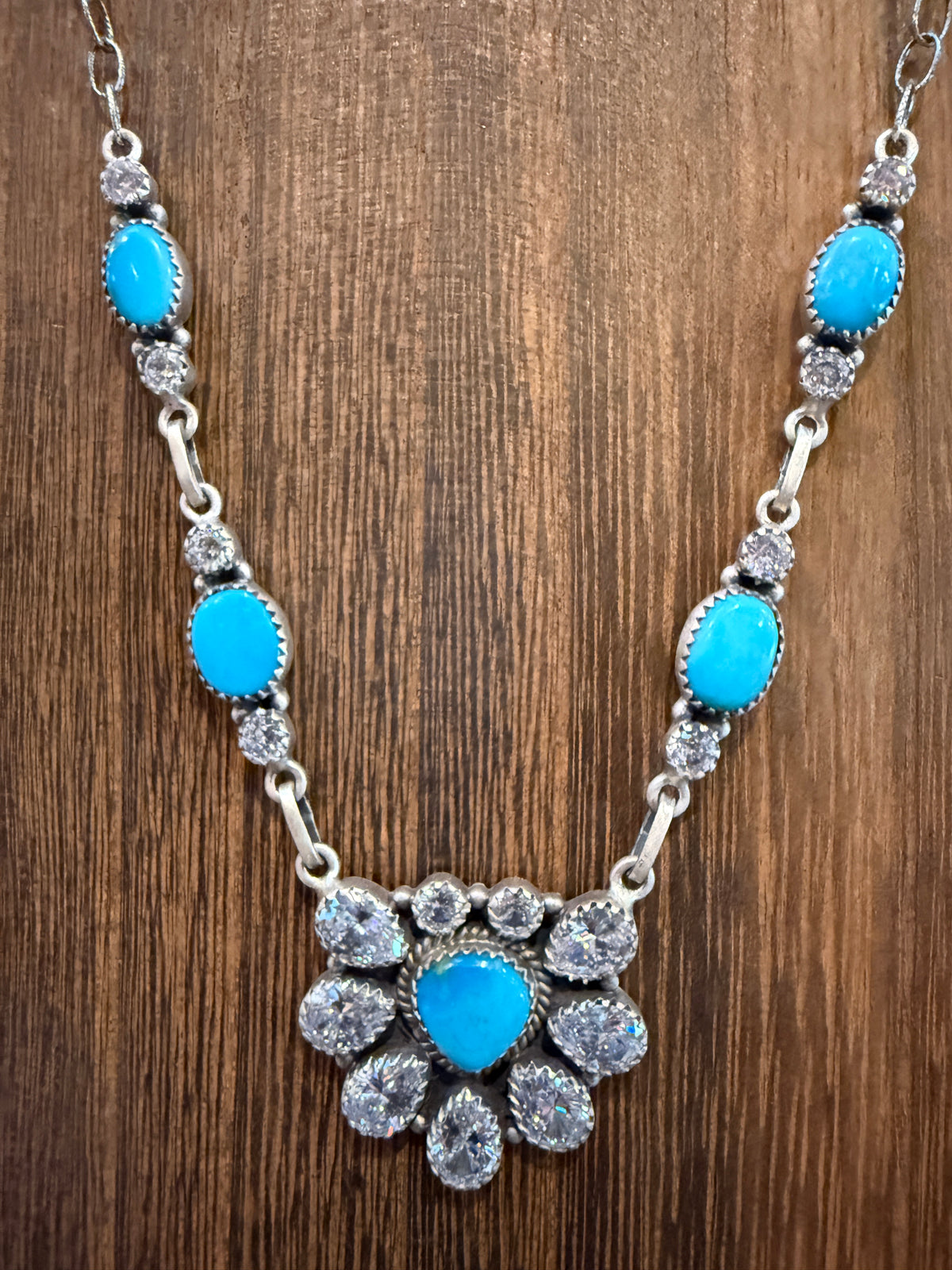 Kingman Turquoise Gemstone and Cubic Zirconia Lariat Necklace in Sterling Silver 20 Inches