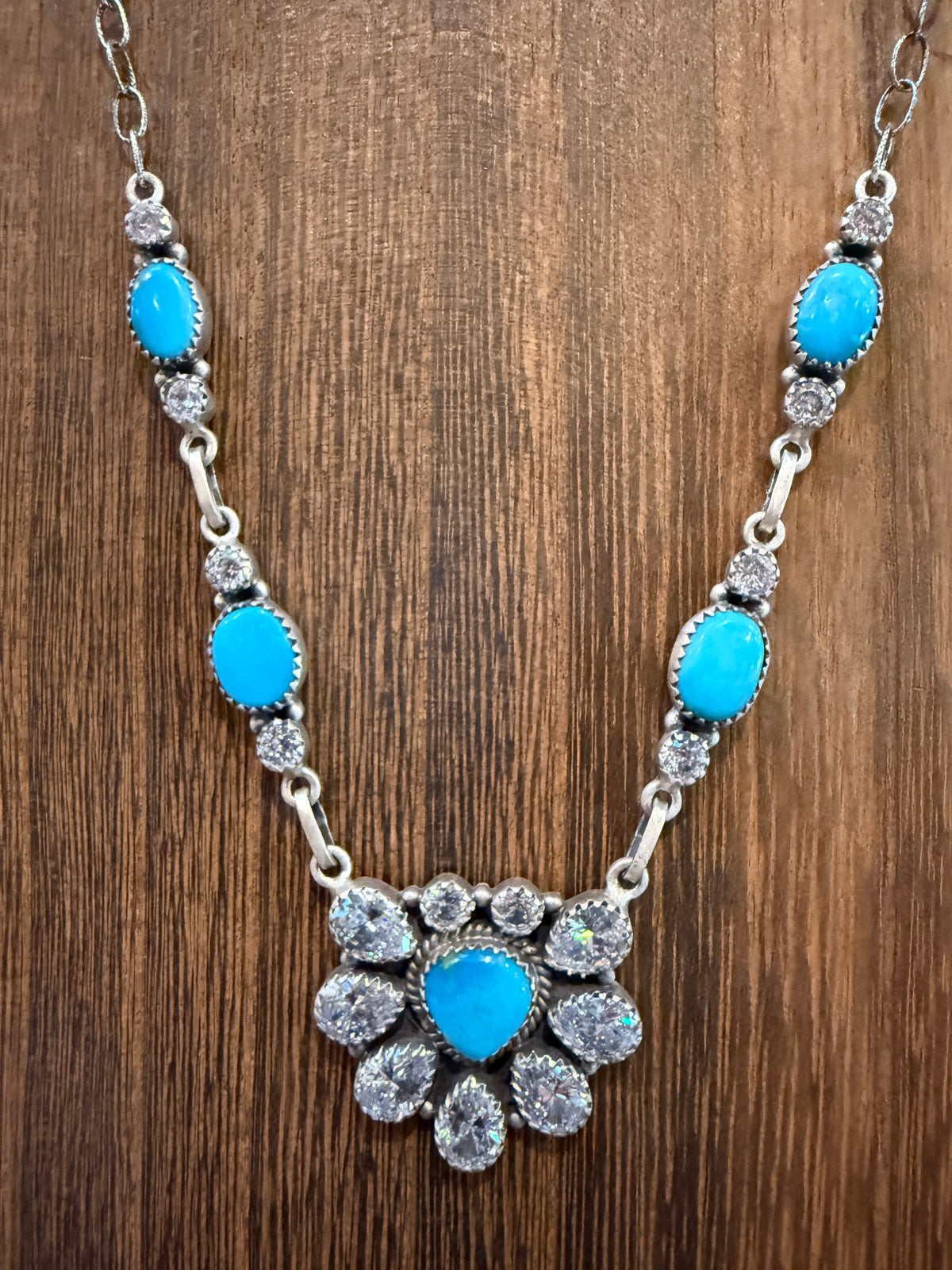 Kingman Turquoise Gemstone and Cubic Zirconia Lariat Necklace in Sterling Silver 20 Inches
