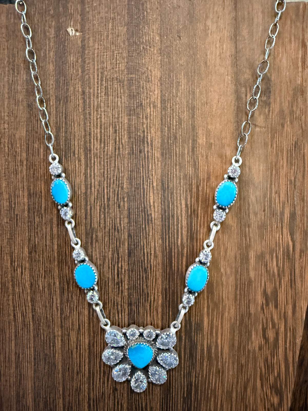 Kingman Turquoise Gemstone and Cubic Zirconia Lariat Necklace in Sterling Silver 20 Inches