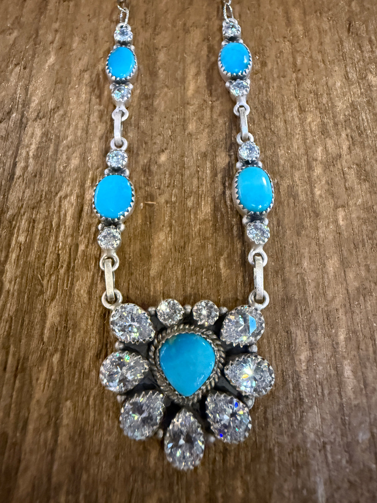 Kingman Turquoise Gemstone and Cubic Zirconia Lariat Necklace in Sterling Silver 20 Inches